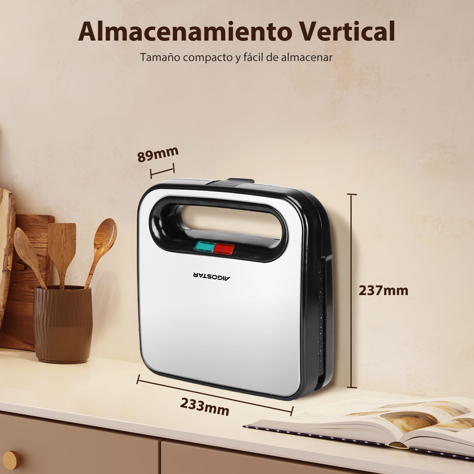 Aigostar - Sandwichera 2 Sandwiches, Revestimiento Cerámico Antiadherente, Control Automático de Temperatura 180-200℃, Luces Indicadoras, Asa de Toque Frío, Almacenamiento Vertical, 750W, Lamo Pro