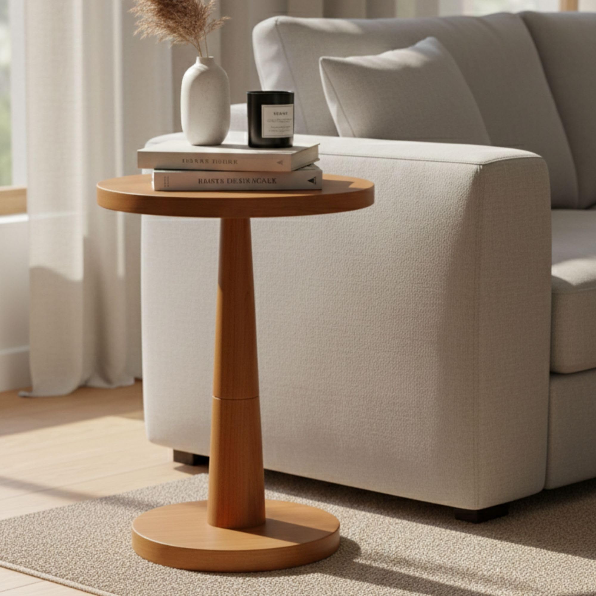 Contemporary Slim-Leg Wooden Side Table | Café Brown Premium Round Bedside Table | Designer Coffee Stool for Modern Interiors