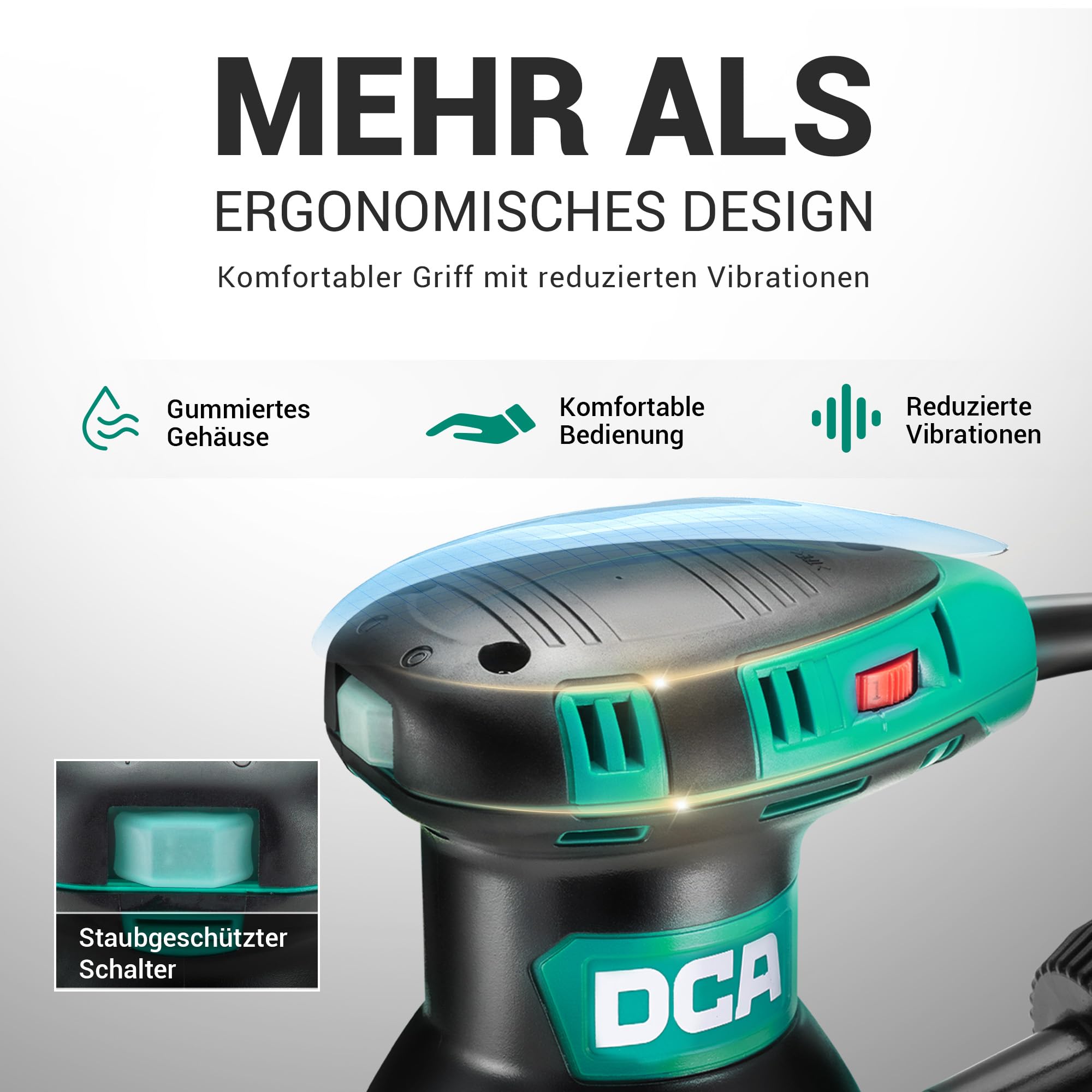 DCA Exzenterschleifer 300W, 125MM Schleifmaschine mit 6 Geschwindigkeiten, Max.12000 U/min, 0.3L Staubfangbehälter und Aubgeschützter Schalter, 10 Schleifpapier für Schleifen, Polieren von Holz, DIY