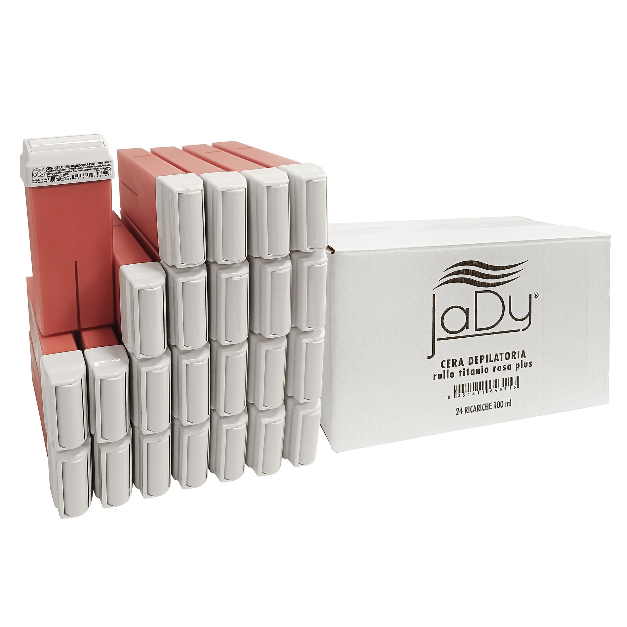 JaDy Cera Depilatoria Roll On Titanio Rosa 100 ml – Pack 24 Cartuchos – Cera Profesional para Depilación con Bandas – Piel Sensible – Uso Estética y Peluquería