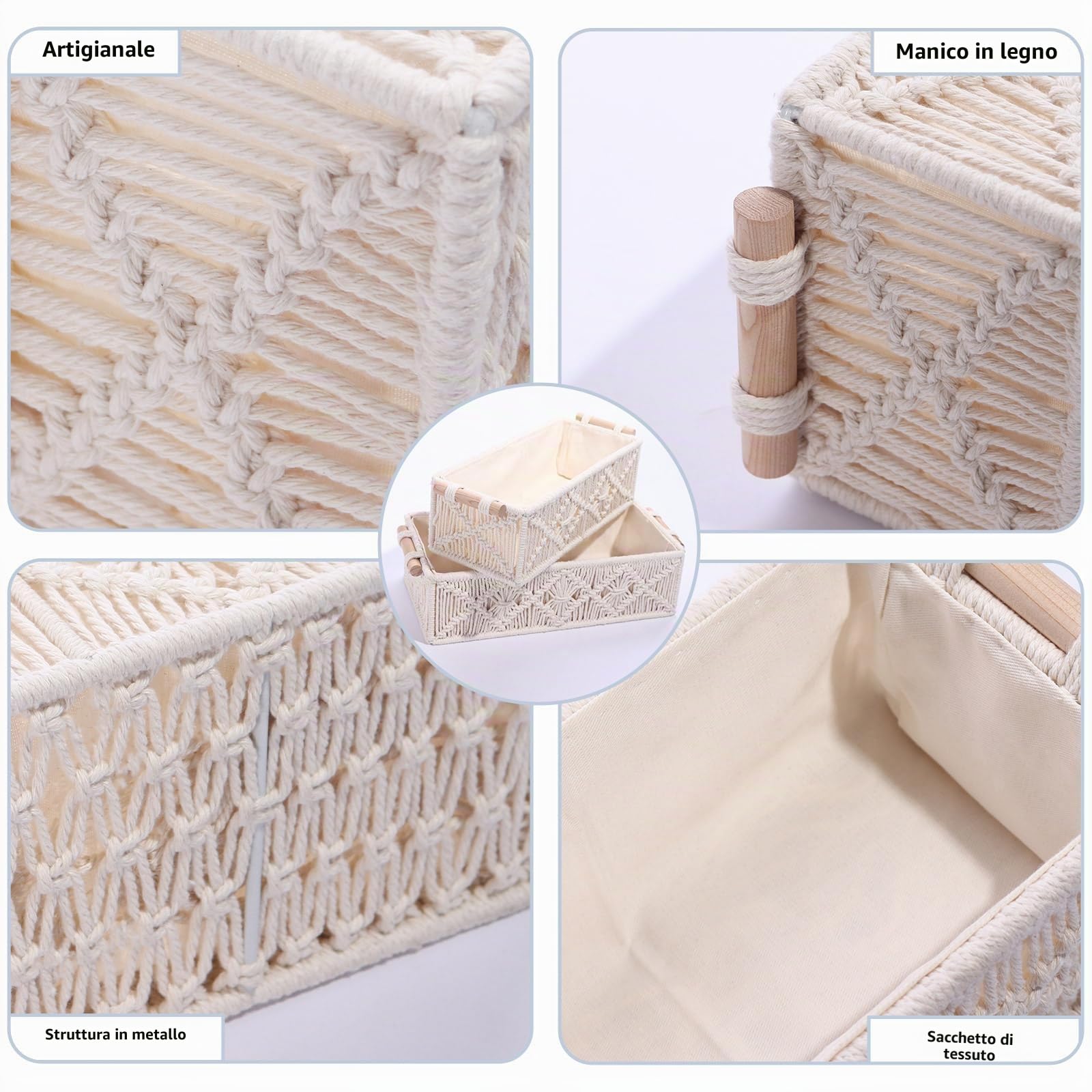 Set di 2 Cestini Portaoggetti Intrecciati, Stile Bohémien, Cestino Portaoggetti in Corda di Cotone Fatti a Mano, Può Essere Usato Come Piccolo Cestino Decorativo, Cesto Portaoggetti (Bianco)