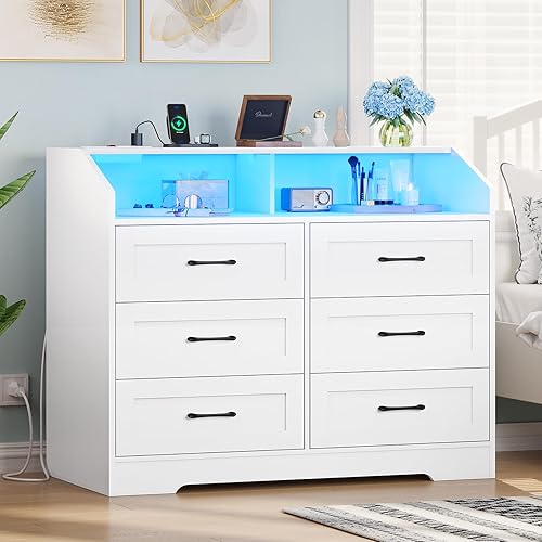 Hasuit White Dresser for Bedroom with LED Lights and Charging Station, Modern Wood 6 Drawers Storage Tower Clothes Organizer, Large Capacity Chest of Drawers Storage Cabinet for Bedroom, Living Room