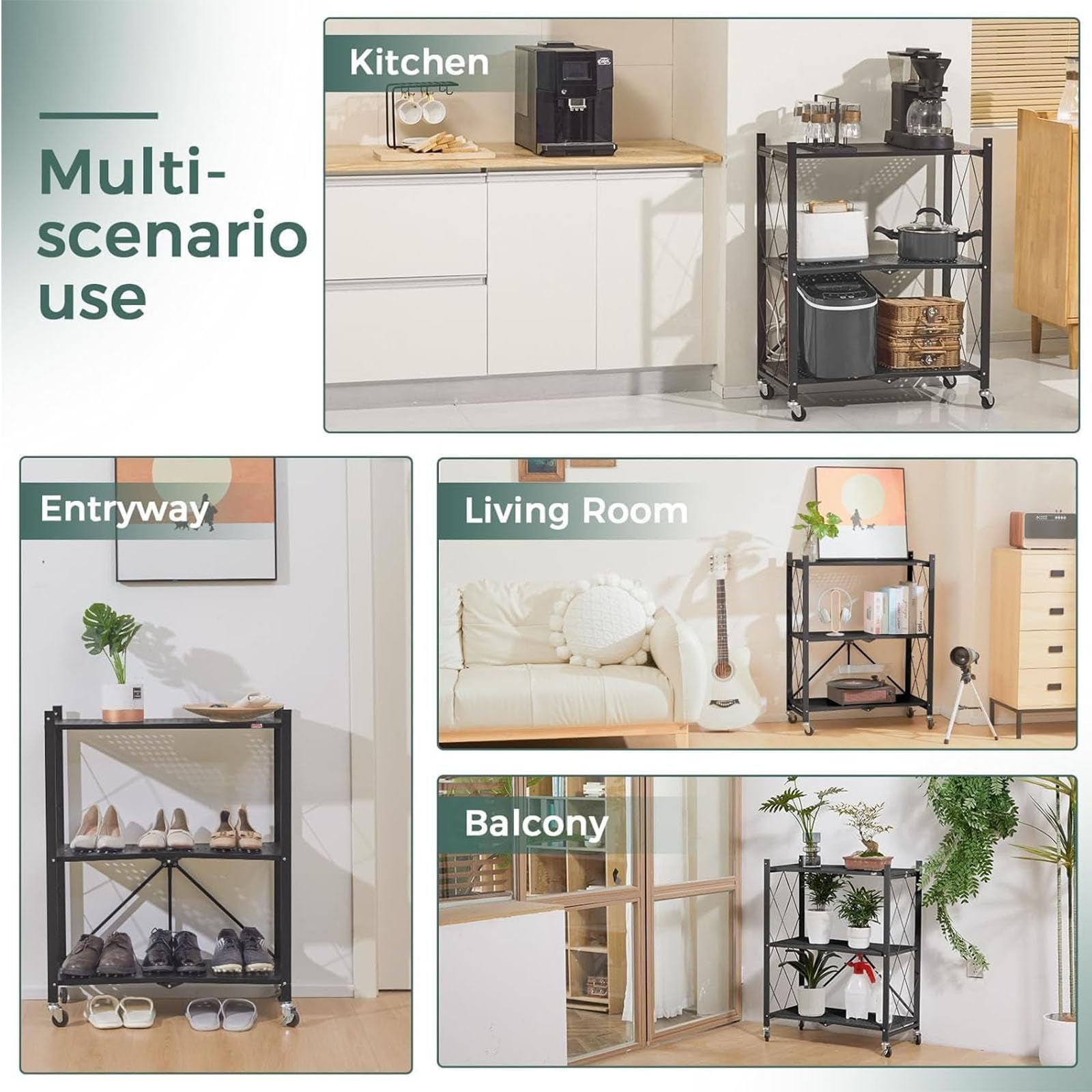 5-Niveaux Étagère de Stockage Pliable en Métal avec Roues, 28,15" W x 15,55" D x 62,60" H, Capacité de Chargement de 950 lbs, Etagère de L'assemblage sans Service(Blanc, 5-Niveaux)
