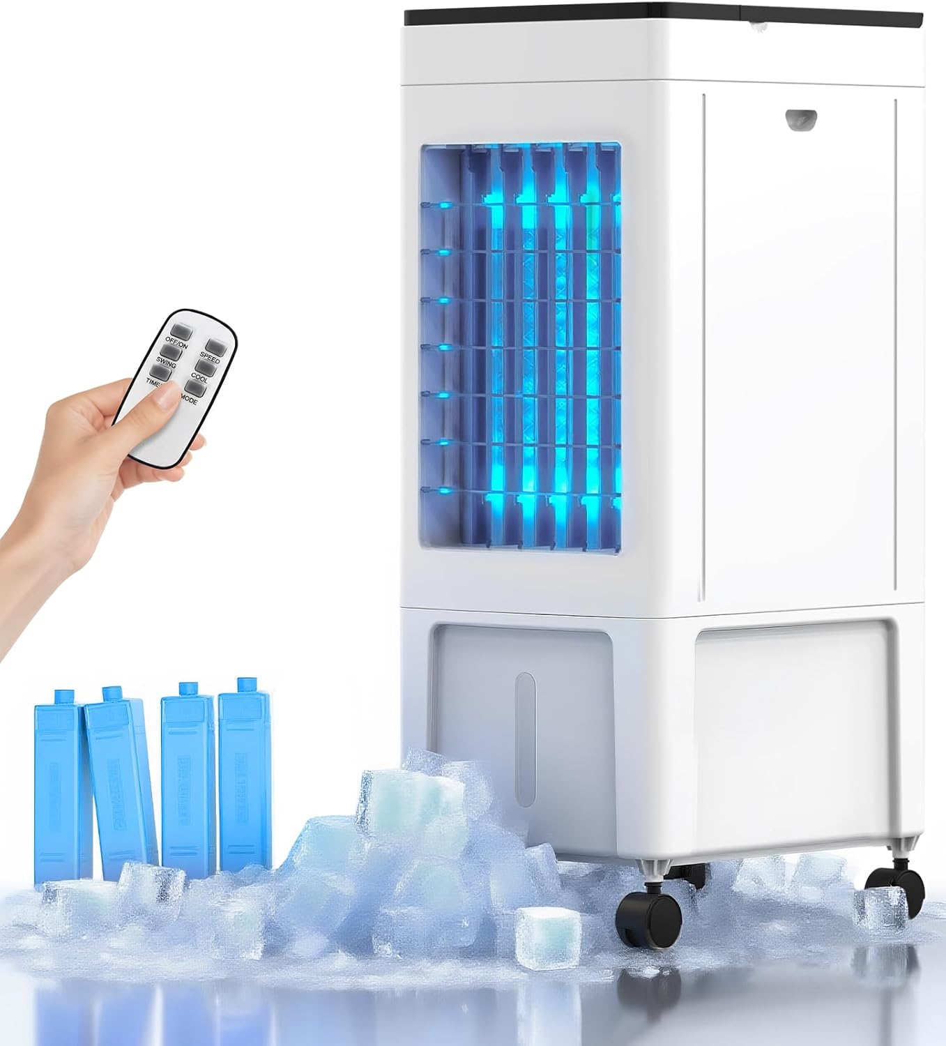 MOMOVOKA Swamp Cooler, 3 IN 1 Evaporative Air Cooler with 2 Gal Water Tank, 4 Ice Packs, 8H,3 Speeds, 4 Modes, Windowless Portable Air Conditioners for BedroomTimer (white&black) (white&black)