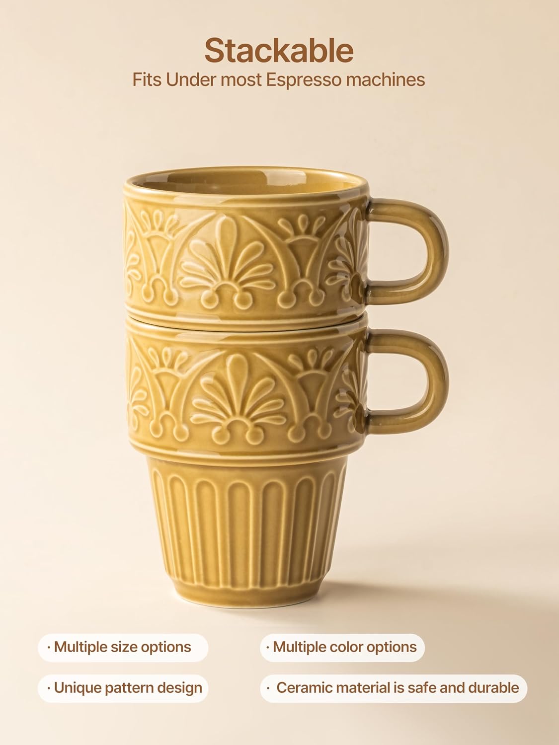 Cappuccino Cups, Espresso Cups, Stackable Mug Set of 6, Ceramic Coffee Mug 6 OZ Khaki for Hot Drinks Milk Dessert, Suitable for Home office Restaurant, Perfect for Holiday & Housewarming Present