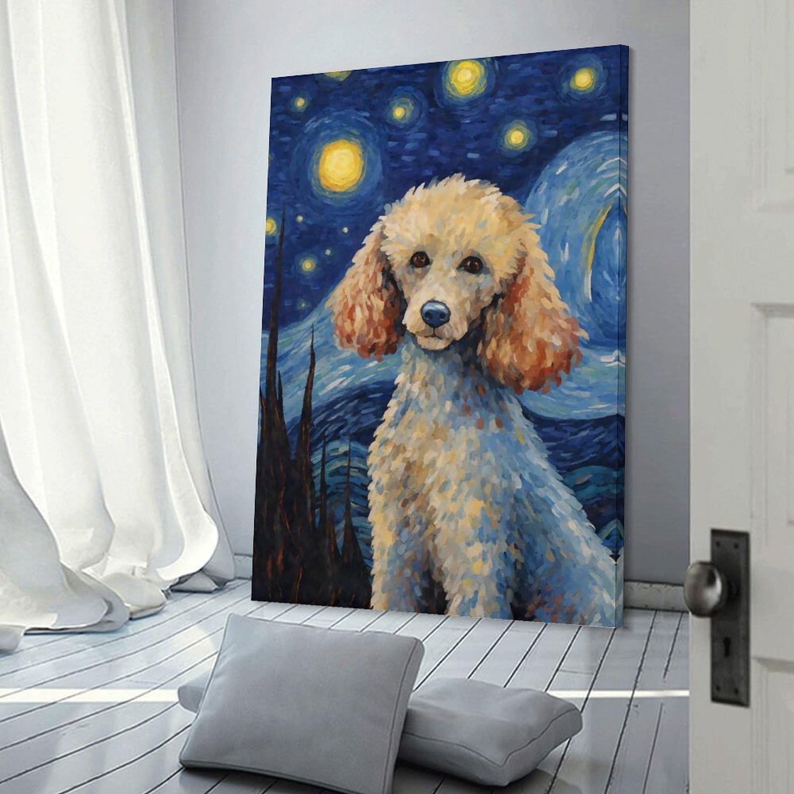 Junmoney Frame-Style-4 Hanging Wall Art Poodle Dog Starry Night, 16X24inch(40X60cm), For Gallery Wall Layouts In Home Or Office, An Easy Match For Collected Prints