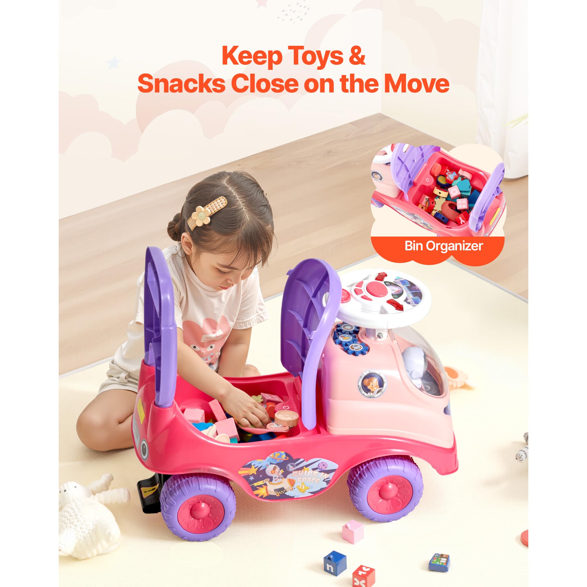 Ride-On Push Car, Ride-On Toy with Horn and Music, 48.5 lbs Weight Capacity, Under-Seat Storage, Foot-to-Floor Walker, Pink — view 6