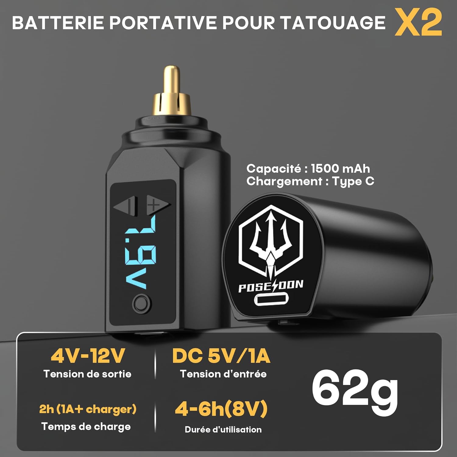 POSEIDON wireless tattoo battery specifications: 1500mAh capacity, Type-C charging, 4V-12V output, 5V/1A input, 2h charge time, 4-6h usage