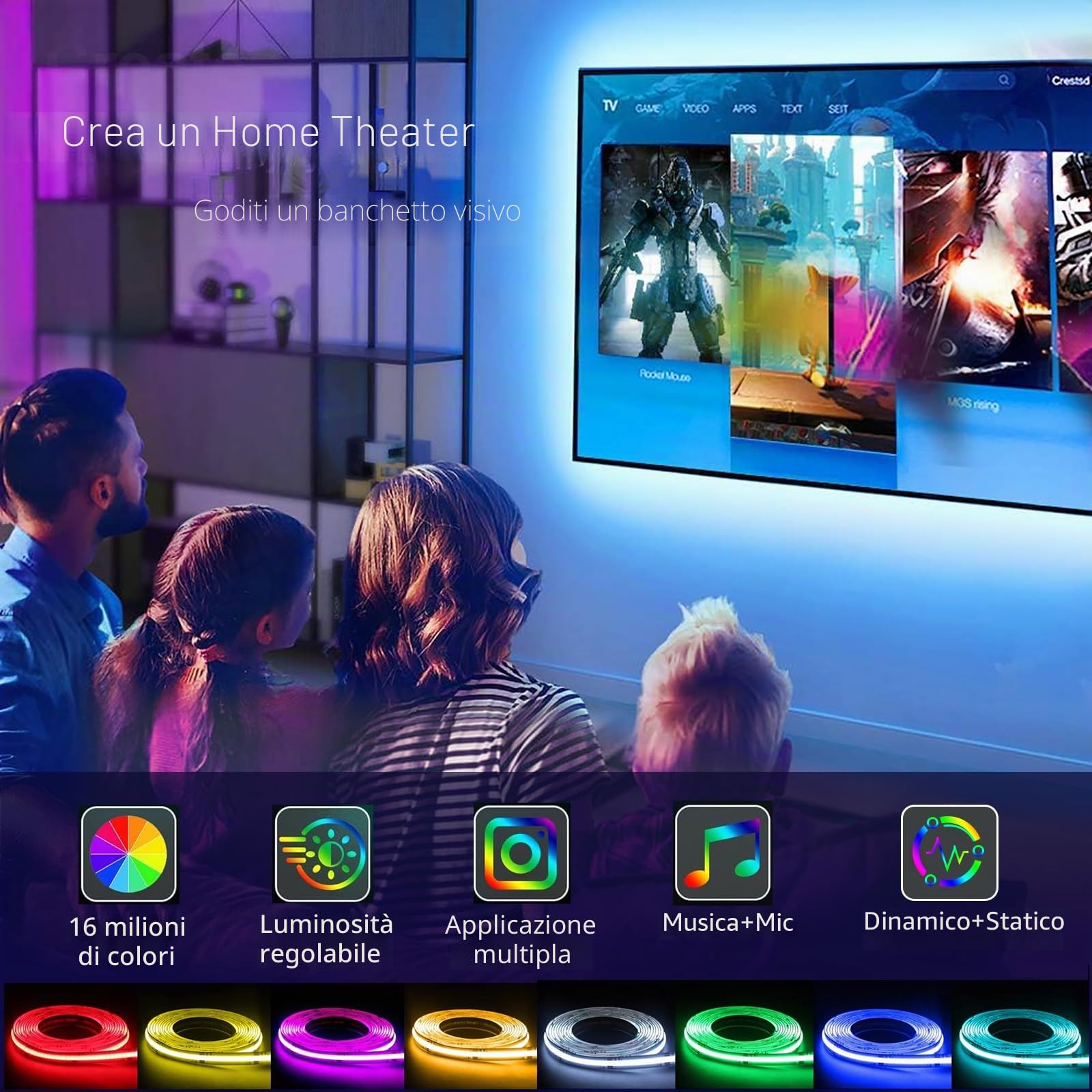 Striscia Led RGB 5 Metri COB, Fancy LED TV Retroilluminazione Intelligente App Telecomando Control,840LED/m 24V Music Sync Bluetooth Luci Strisce LED Adesive Colorate per Camera,Feste,Gaming