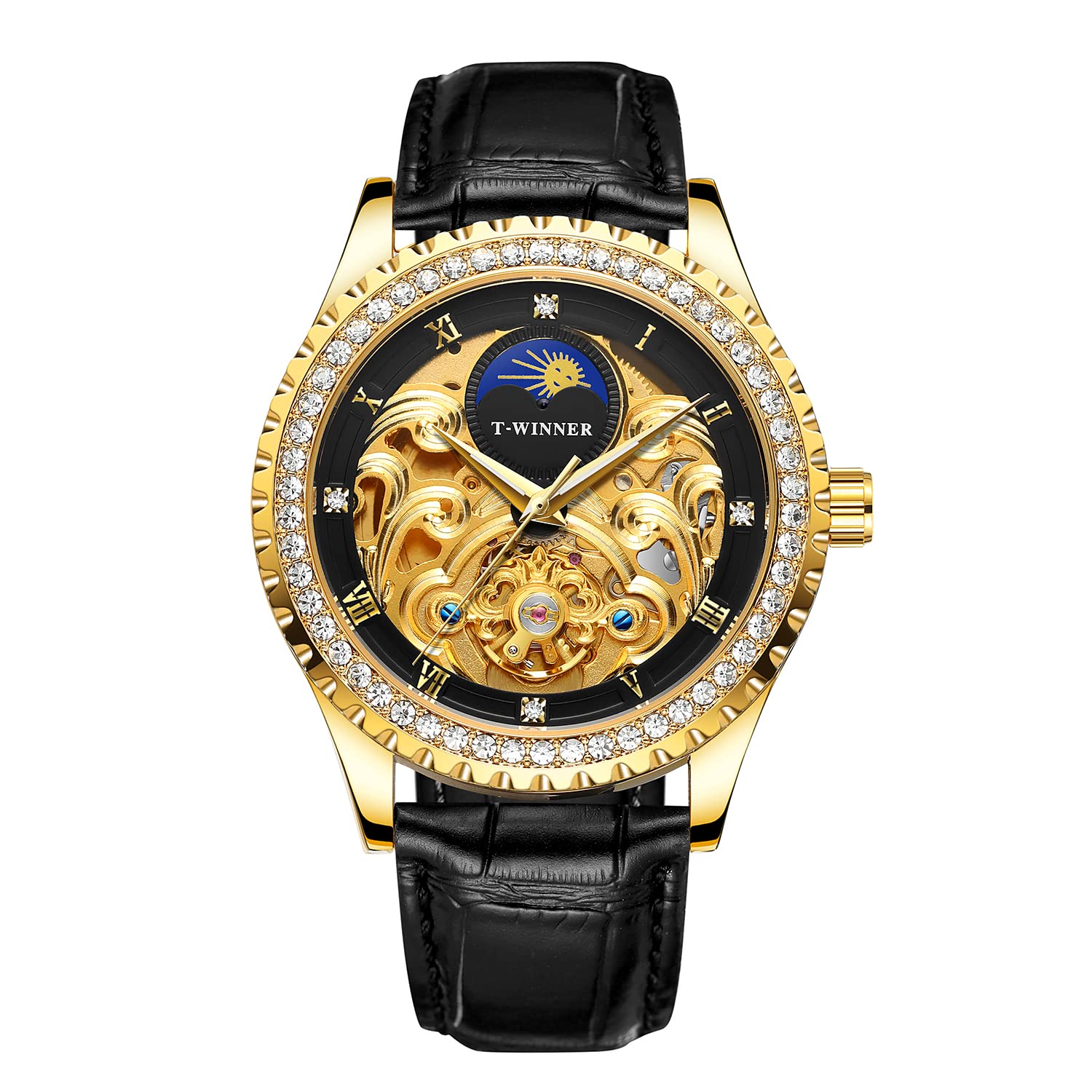 Forsining Herren-Armbanduhr wasserdicht automatisch selbstaufziehend Mondphase Diamant-Zifferblatt Lederband Tourbillon-Armbanduhr