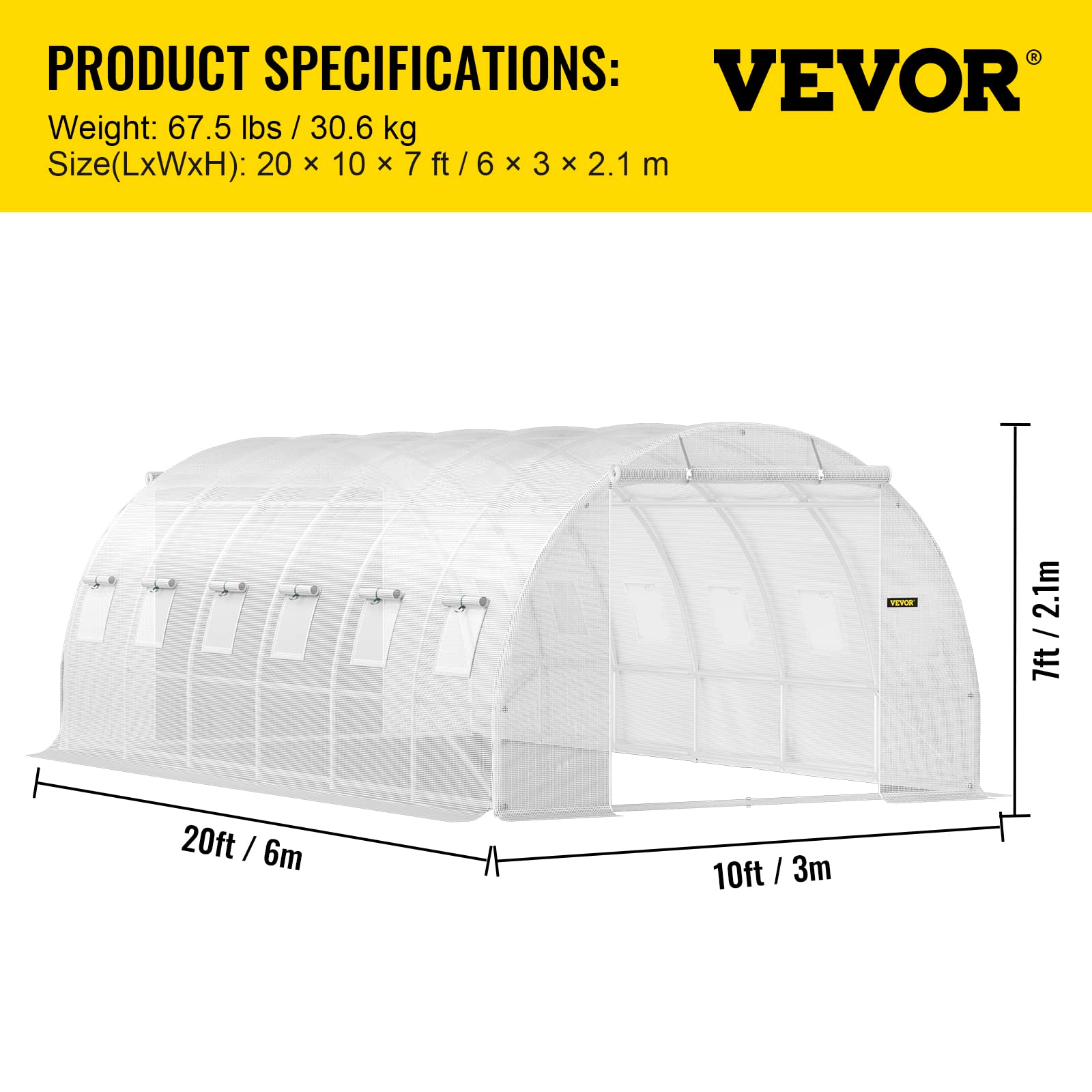 VEVOR Serra Giardino per Piante a Tunnel Impermeabile con 12 Finestre e Porte 6,1 x 3 x 2,1m, Serra a Tunnel da Esterno Impermeabile in Acciaio Zincato Copertura PE 30,6 kg,Serra a Tunnel Bianco,12107