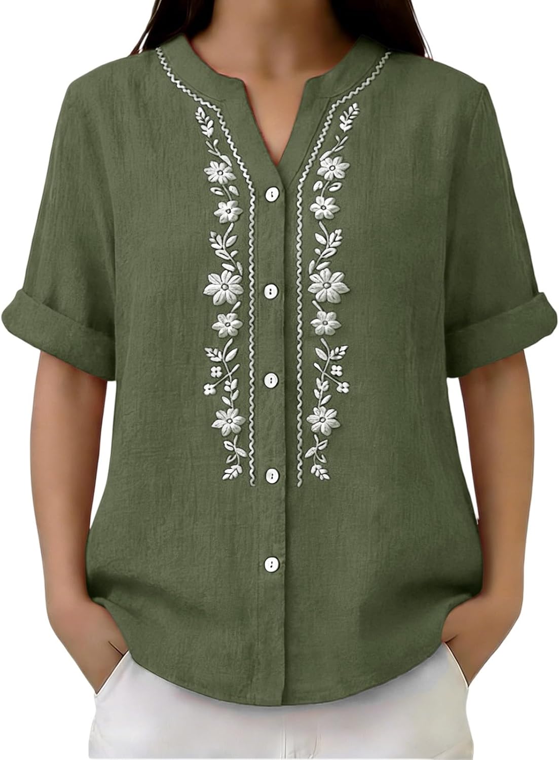 Linen Shirts for Women - Summer Plus Size Embroidered Tops 3/4 Sleeve V Neck Button Blouses Beach Vacation Clothes - Image 3