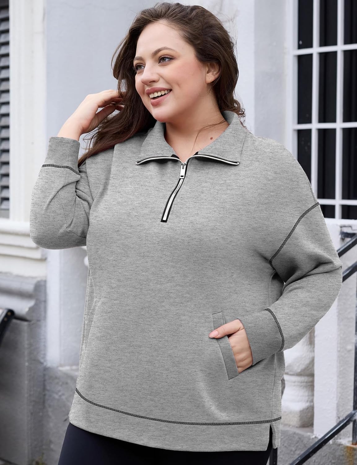 Plus Size Sweatshirt for Women Quarter Zip Pullover Tops Casual Long Sleeve Oversized Sweaters with Pockets XL-5XL - Image 5