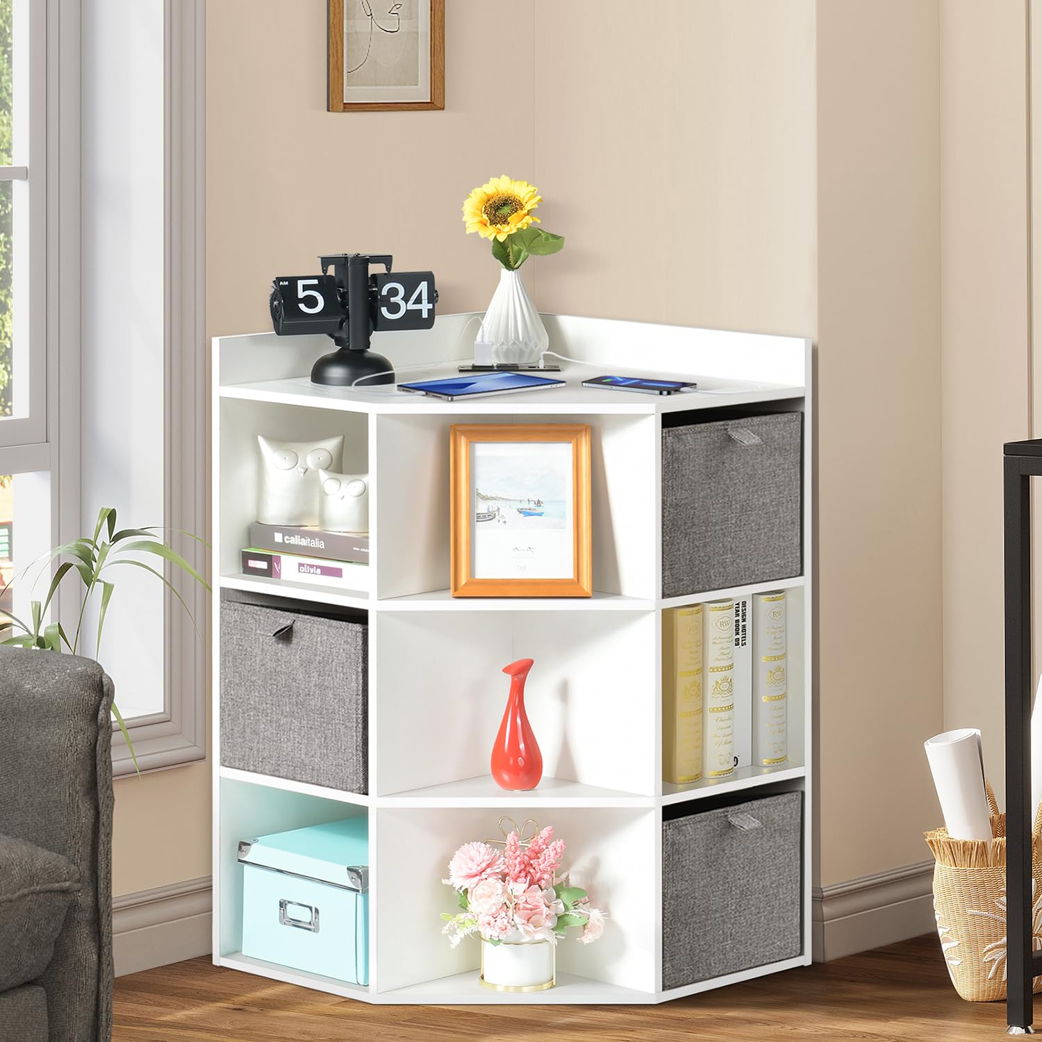White Corner Cabinet with Fabric Drawers, Corner Bookcase with USB Ports and Outlets, 9 Corner Cube Storage for Playroom, Bedroom, Living Room