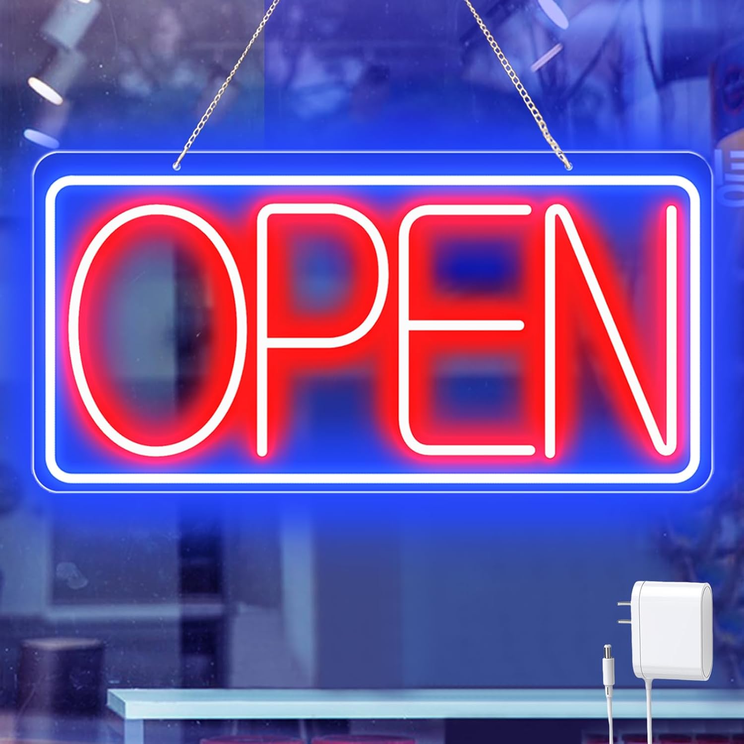 22" X 11" Led Neon Open Signs for Business 12V/2A Ultra Bright Led Neon Open Signs Plug In Electric Light Up Open Sign with ON/OFF Switch for Bar Salon Coffee Stores Club Hotel (Horizontal) Large Size (Blue/Red-Horizontal) 22x11 inch with AC Adapter