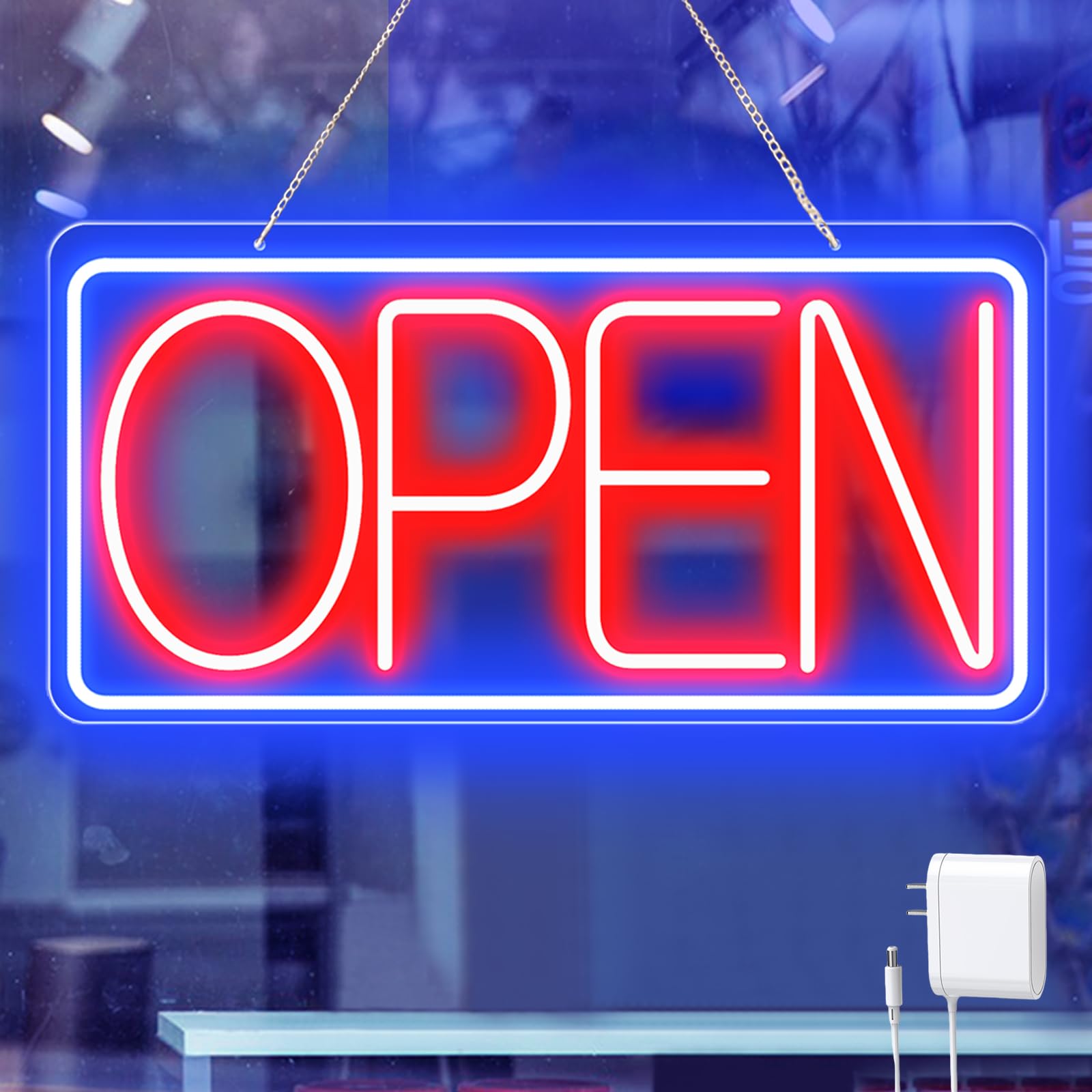 22" X 11" Led Neon Open Signs for Business 12V/2A Ultra Bright Led Neon Open Signs Plug In Electric Light Up Open Sign with ON/OFF Switch for Bar
