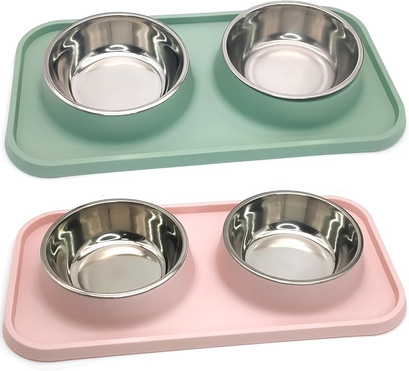 Tigelas para Cães e Gatos em Aço Inoxidável com Base Antiderrapante BNOSDM, 4 Tigelas e 2 Bases