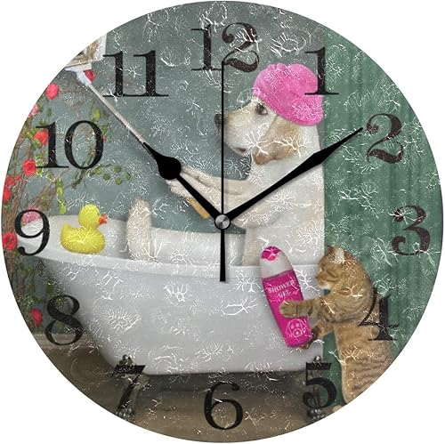 J JOYSAY Reloj de pared para baño, silencioso, sin tictac, decorativo, funciona con pilas, rústico, para perro, gato, bañera, baño, hogar, oficina,