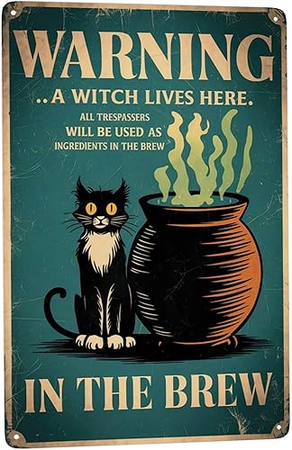 Letrero de lata de cabaña de bruja de 8 x 12 pulgadas, arte de pared de metal gótico para Halloween, porche, boticario y decoración de habitación