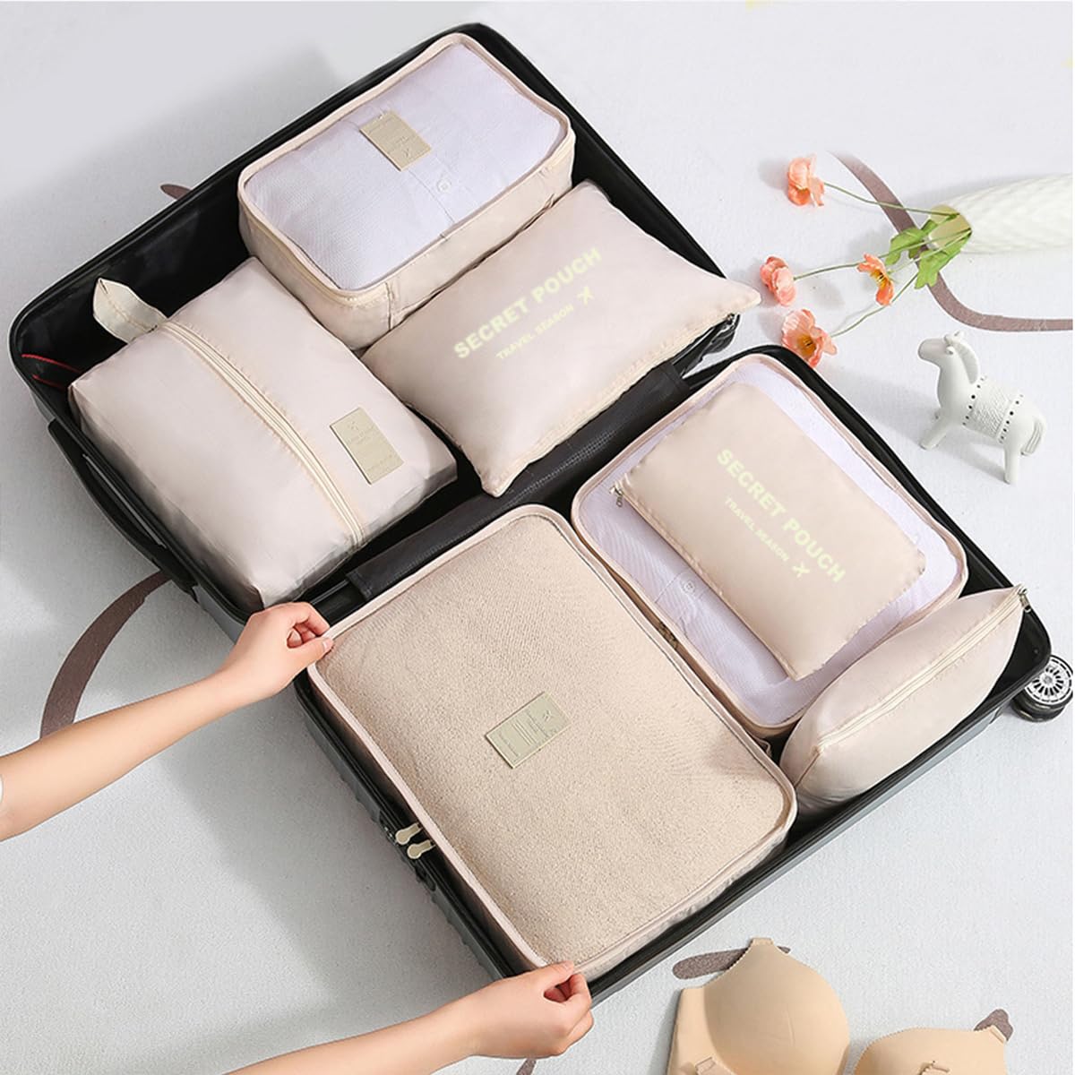 Laebevon 7 Set Packing Cubes with Shoe Bag - Travel Luggage Organizer, Beige