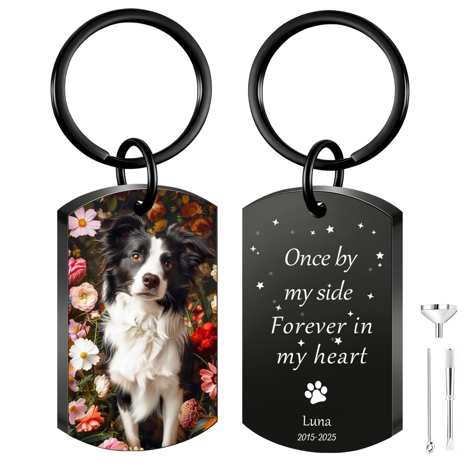 Iwe Personalised Pet Urn for Dogs Ashes Keyring – Custom Pet Keepsake Keyring Memorial for Pet Lovers (Black-UV)