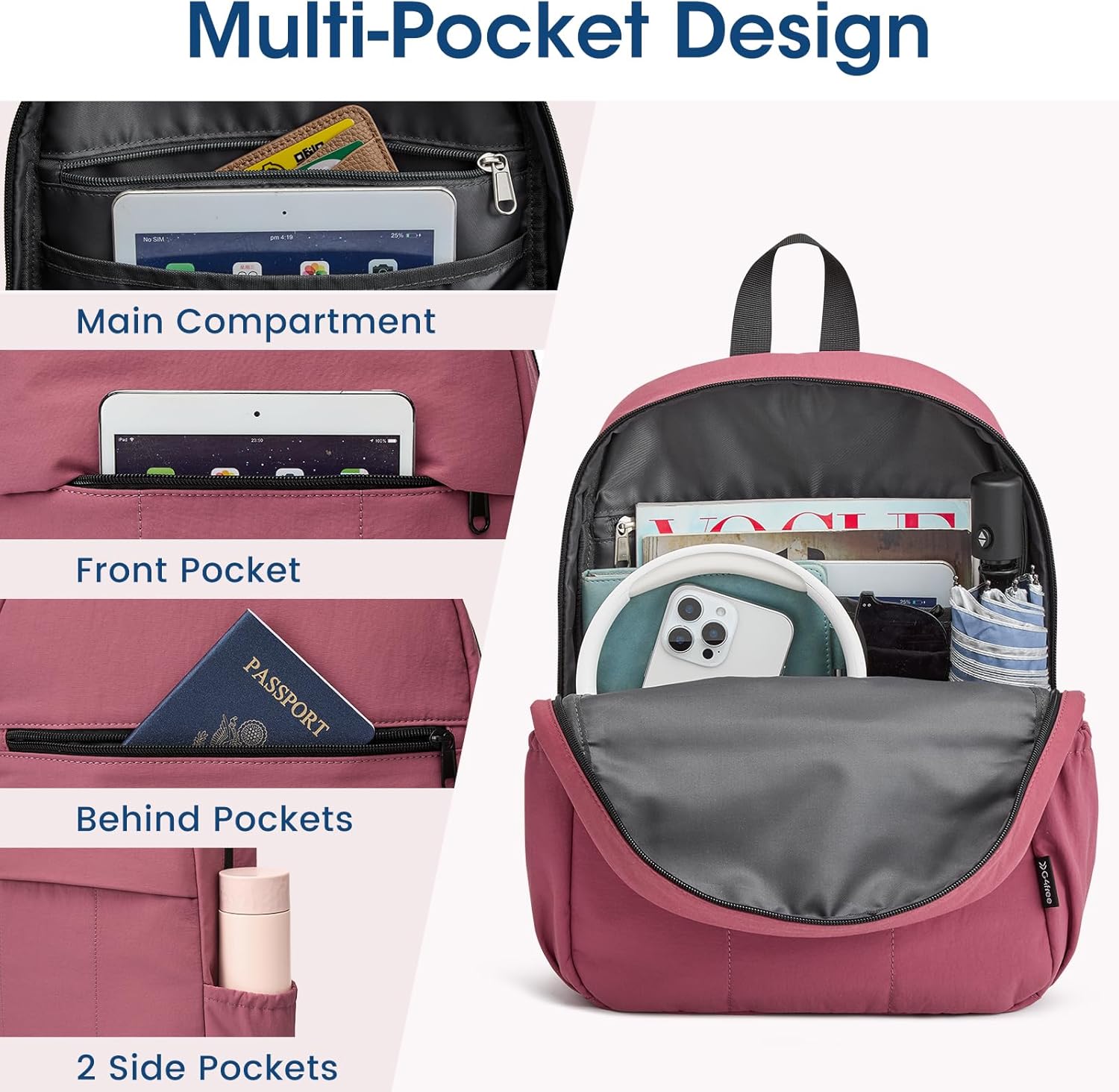 G4Free Mini Backpack for Women Water-resistant Hiking Backpack with Adjustable Shoulder Straps for Travel Shop Work Casual(Carmine)