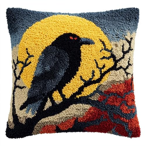 AxiangziK Latch Hook Pillow Kits 17x17in,Crows on the Branches Printed Pillowcase Latch Hook Kits for Beginners Adults DIY Handmade Cushion Decoration Sofa