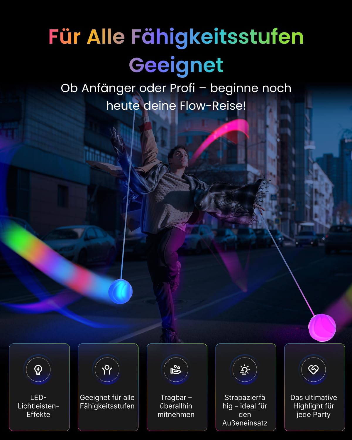 LED Poi Balls 9 modos de luz arco iris respiración recargable USB para niños principiantes