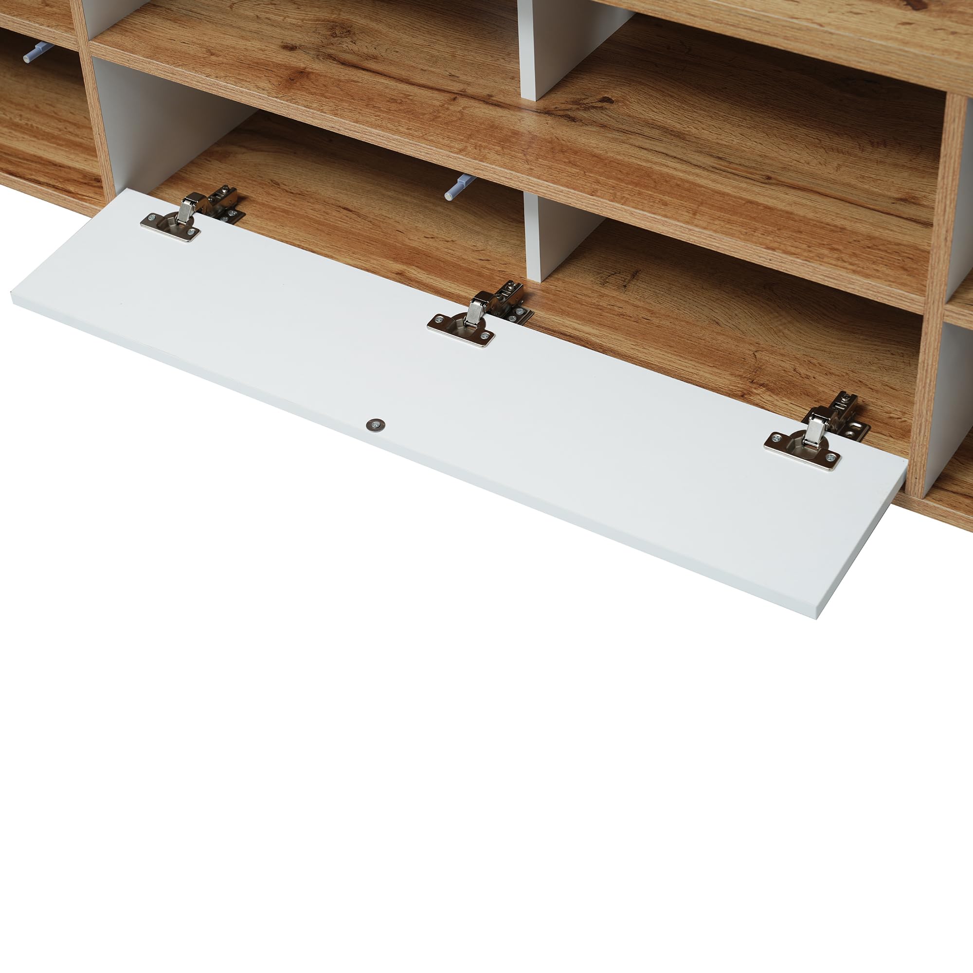 REXO Mueble bajo para TV, mueble de salón en color blanco y madera con compartimentos y puertas de estilo rústico natural.