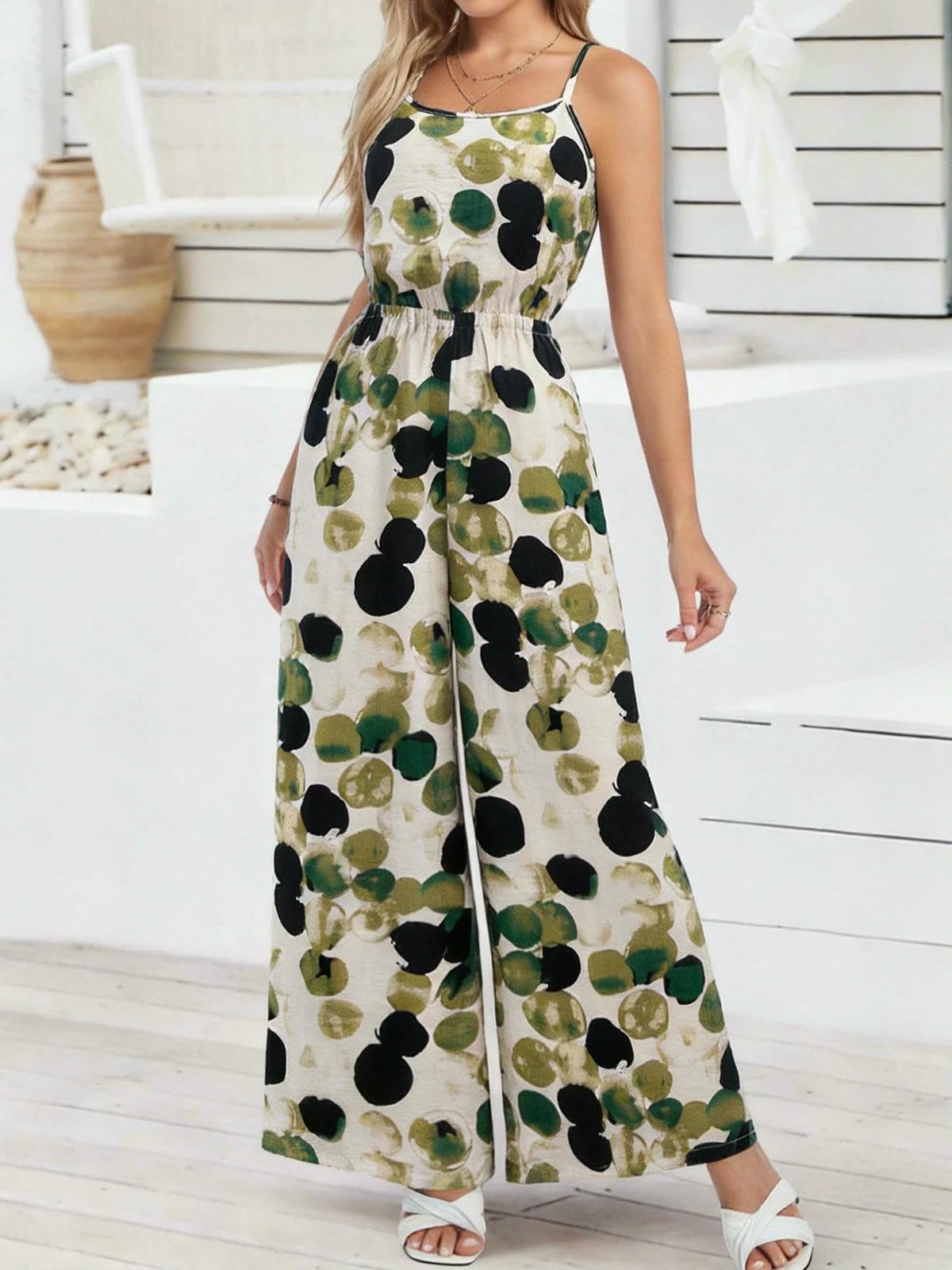 Mono De Verano Mono De Mujer Verde Y Negro con Estampado, Tirantes Finos Y Pernera Ancha.