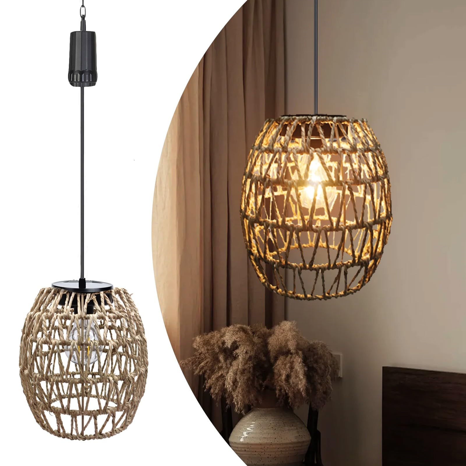 pearlstar Battery Operated Pendant Light, Battery Powered Outdoor Lights Waterproof, Hanging Lanterns for Outside with 6 Hours Timer, Rattan Pendant Light for Garden Gazebo Porch Patio