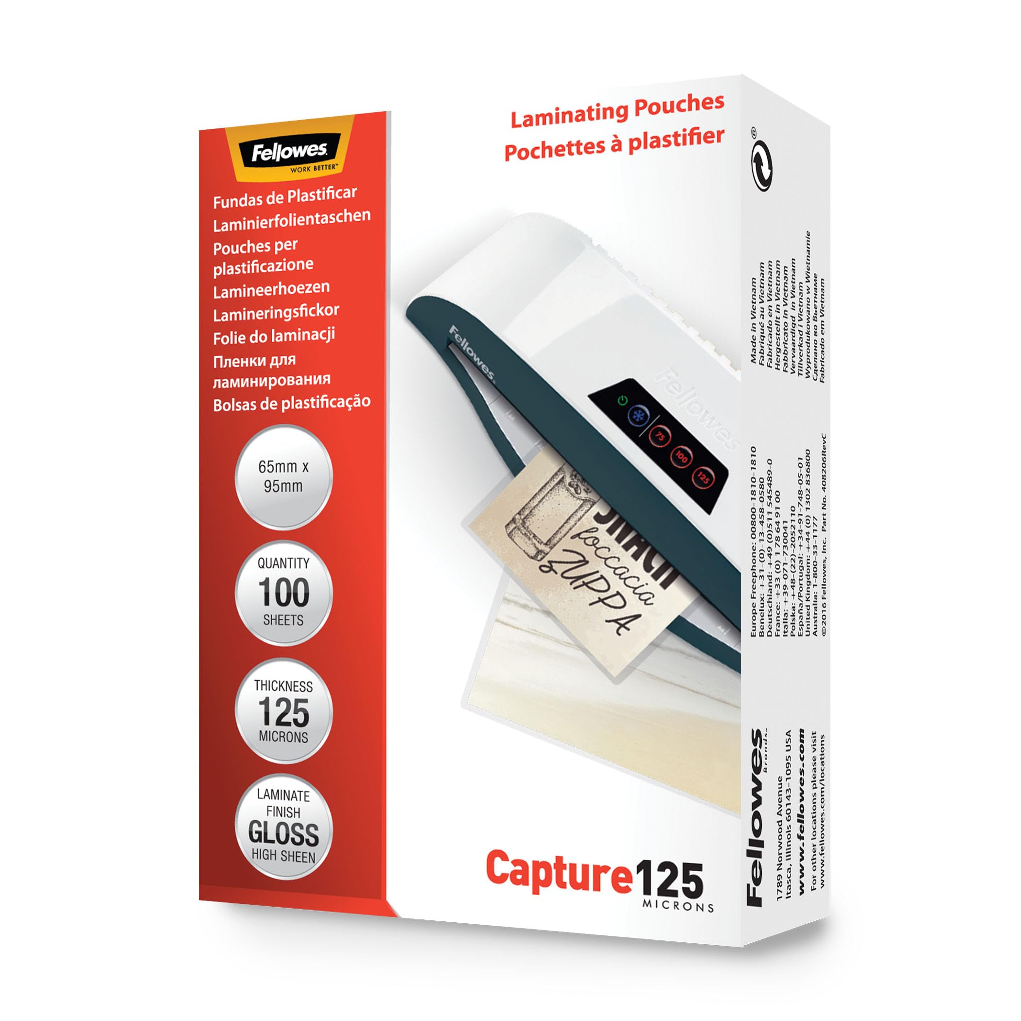 Fellowes Capture 65x95mm 125 Micron Glossy Laminating Pouches (Pack of 100)