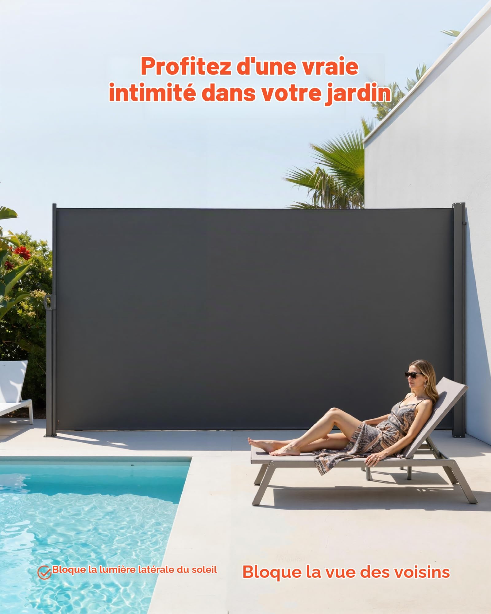 VEVOR Store Latéral Rétractable 185x420 cm, Brise-Vue Rétractable pour Terrasse, Jardin, Balcon et Piscine, Toile Polyester 180 g/m², Protection Solaire, Imperméable, Délimitation de l'espace, Gris