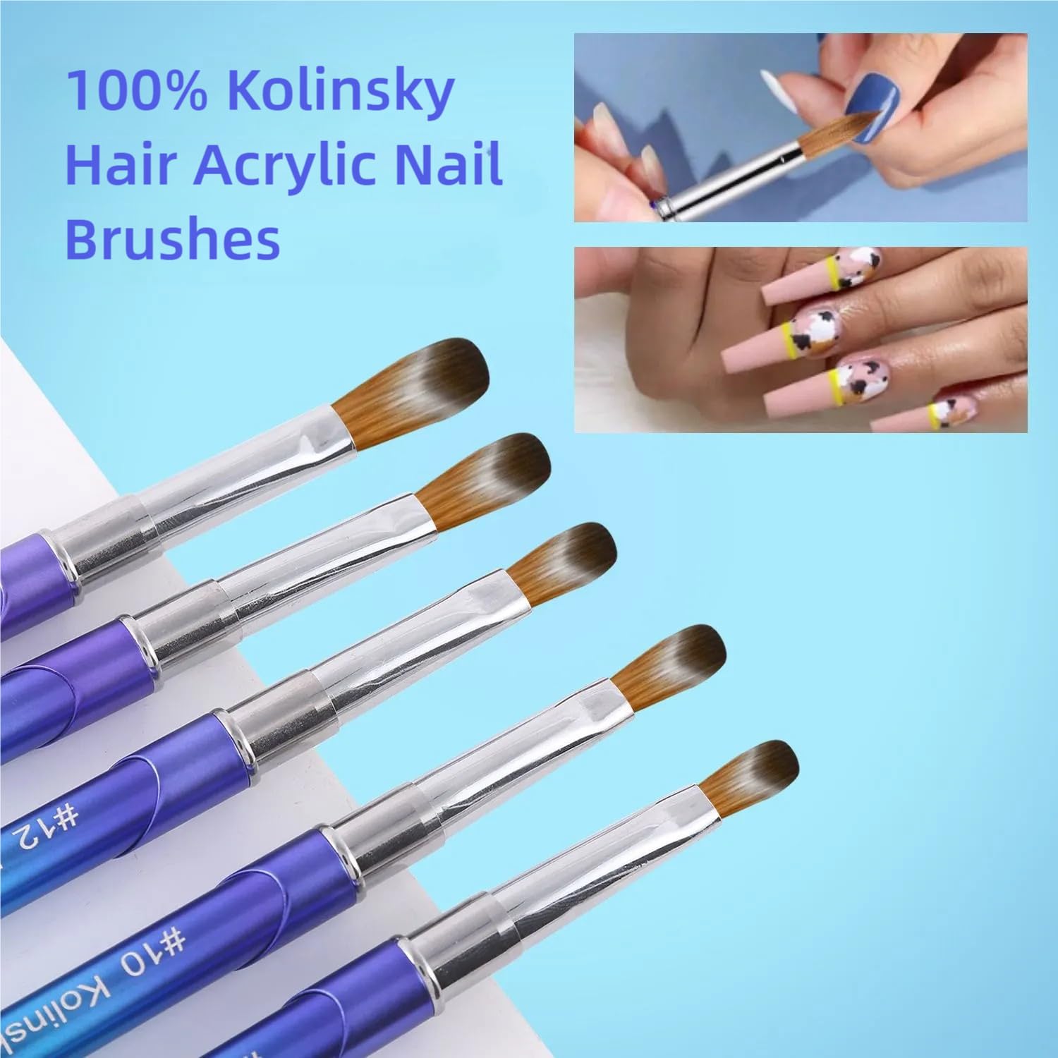 100% Pure Kolinsky Hair Acrylic Nail Art Brushes – Oval Crimped Tip for Acrylic Powder, Gradient Blue Metal Handle, Professional Nail Art Brush for Salon & DIY(#16)