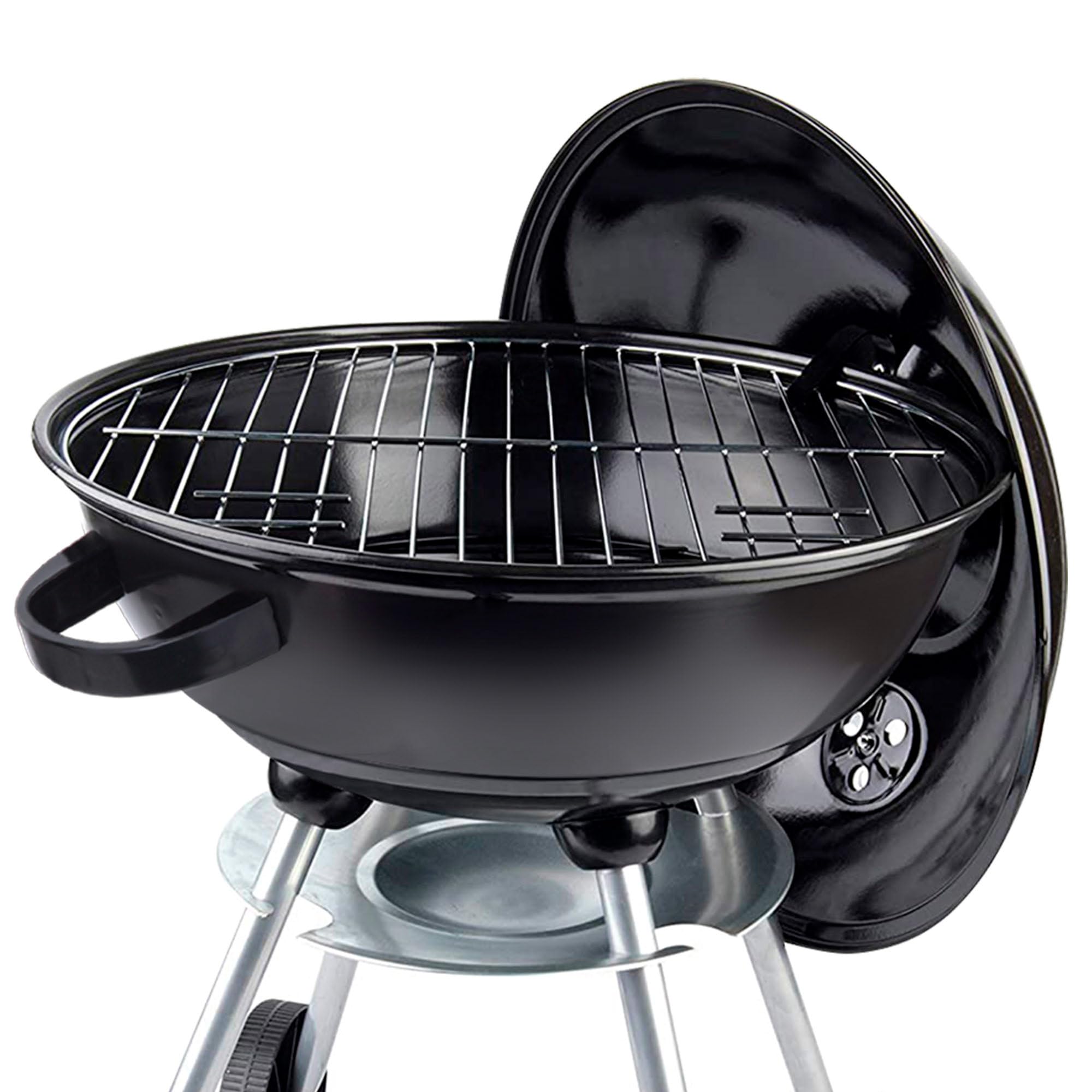 AKTIVE Barbacoa carbón portátil redonda 46x89 cm con tapa y rejilla de ventilación Doble parrilla con rejilla de ventilación 2 ruedas incorporadas para fácil transporte