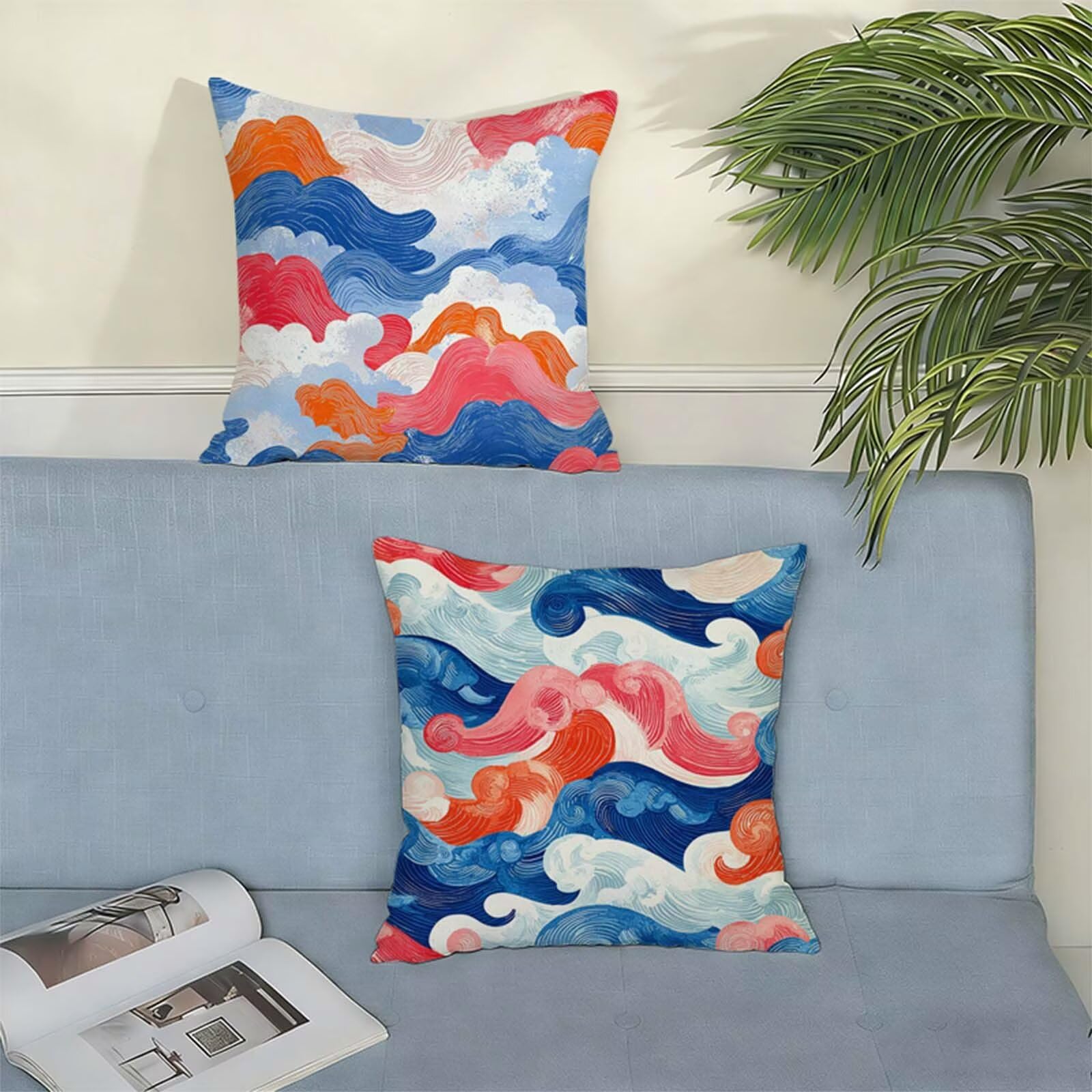 Juego de 2 Funda Cojin 80x80CM Azul, Cuadrada Impermeable Fundas Cojines Ondas Lino Impresión a Doble Cara con Cremallera Oculta, Apto para Todas las Estaciones Funda Almohada para Sofá o Salón X-257