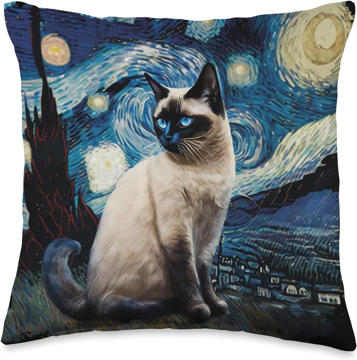 Cute Van Gogh Starry Night Cat Siamese Cat Lover Funny Throw Pillow