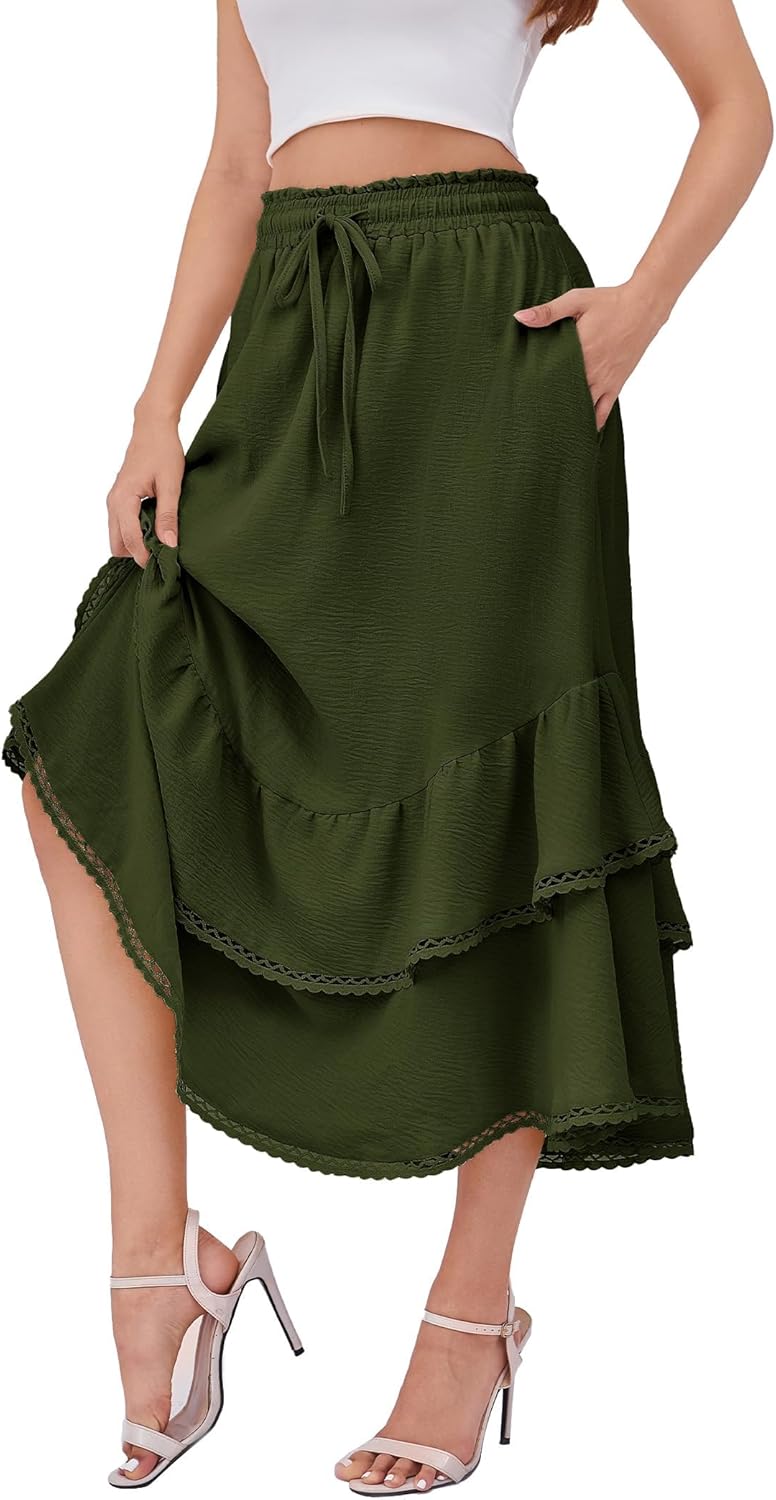 HUSKARY Maxi Skirts for Women Summer Fall High Waist Drawstring Long Skirt Ruffle Layered Medieval Skirts with Pockets - Image 6