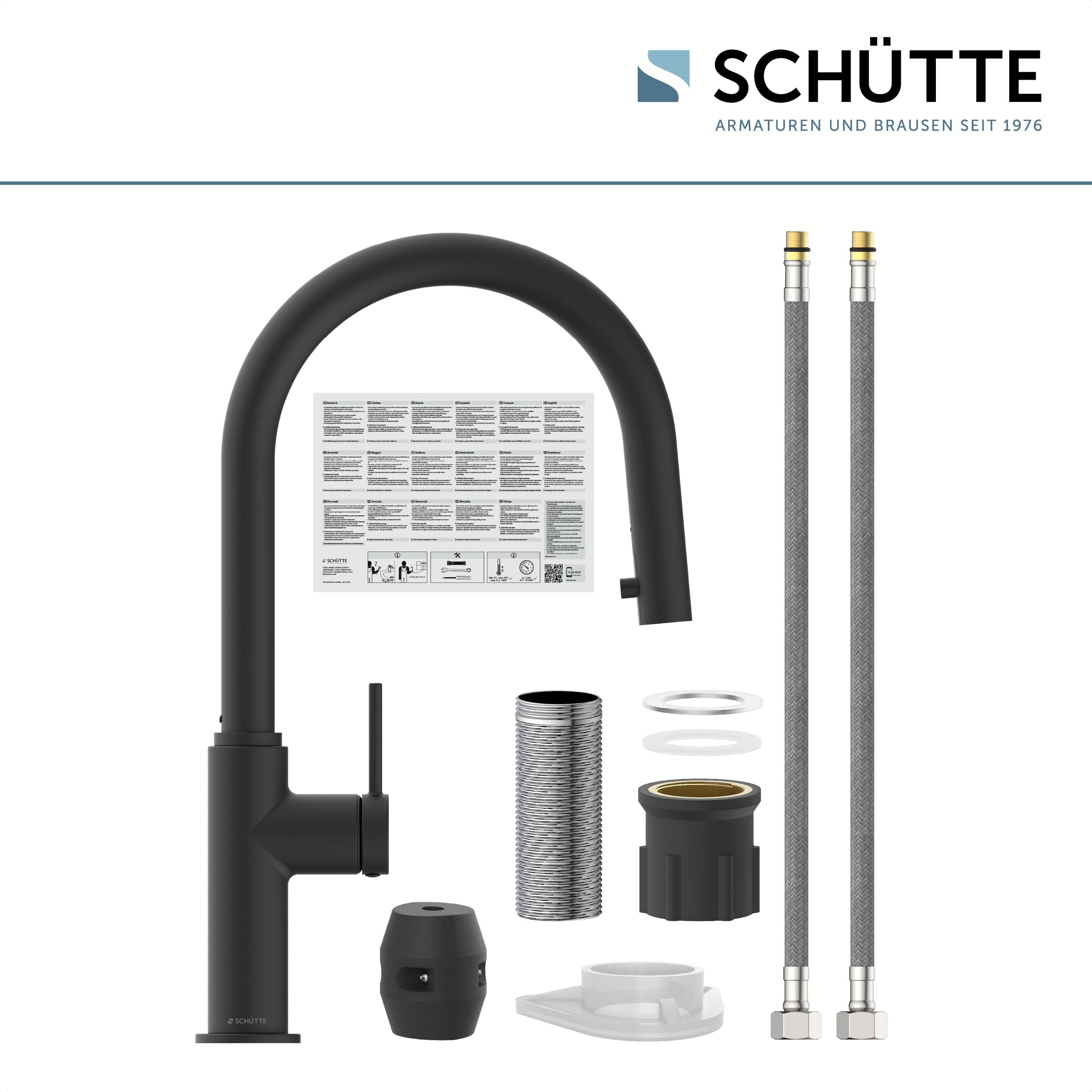 SCHÜTTE Blackpool 79566 Robinet de cuisine avec douchette extractible, robinet 360 degrés pour la cuisine, mitigeur monocommande, mitigeur d'évier avec douchette extensible, noir