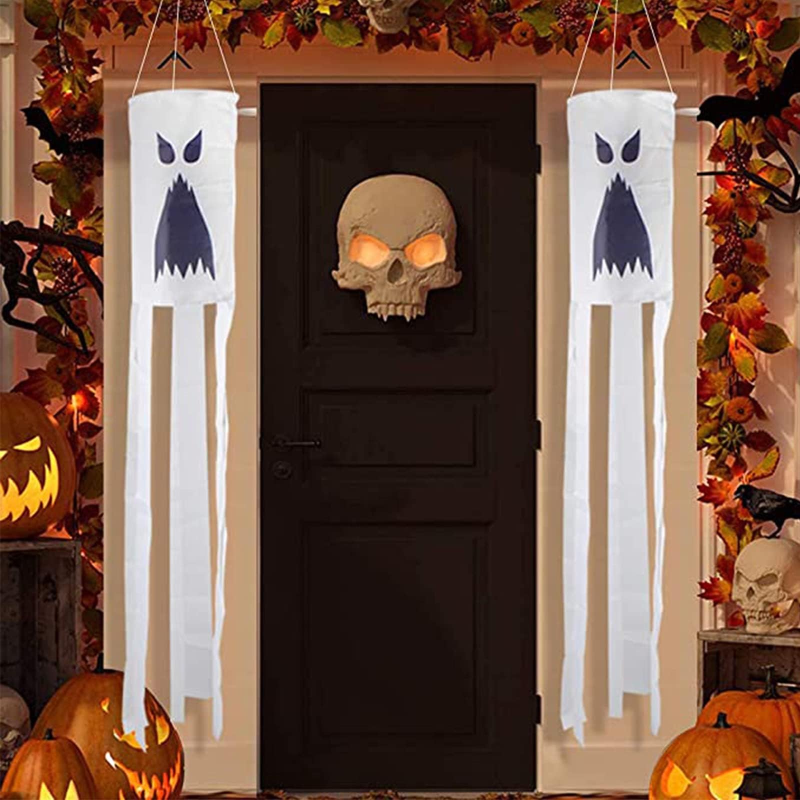 MASCARE Halloween White Ghost Hanging Ornament - Vicious Ghost Windsocks Flag for Home Yard Outdoor Decor Patio Lawn Garden Party Decorations Supplies (2 Pieces)