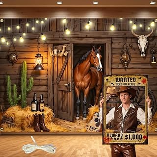 10x6.5FT Large Western Cowboy Backdrop Banner - Cowboy Horse Theme Reusable Wild West Rustic Barn Photography Background for Western Party, Rodeo Decorations, Birthday Supplies with 6m Ribbon