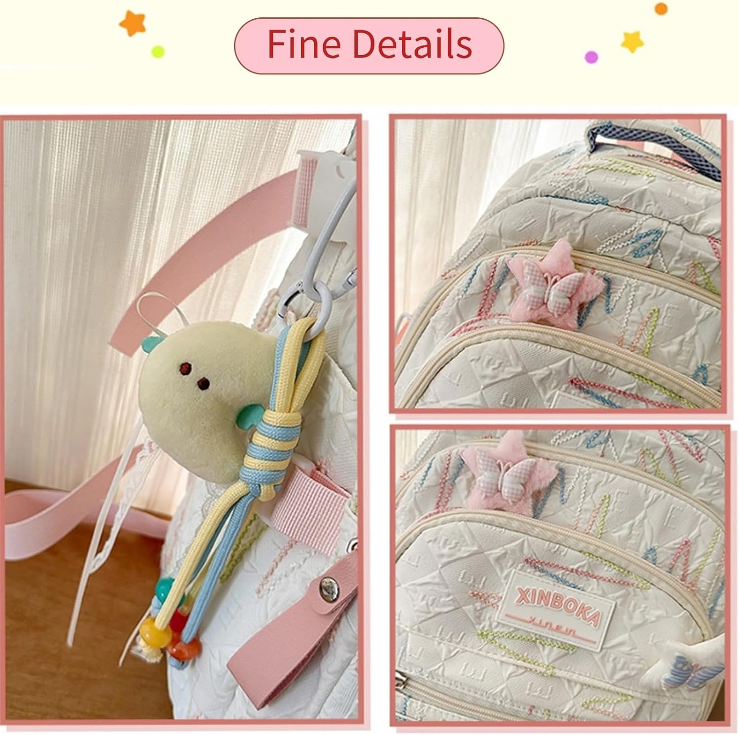 Cute Backpack with Star Badges & Moon Charm, Lightweight Stylish Multi-compartment Daypack with Anti-Theft Pocket (pink, Large)