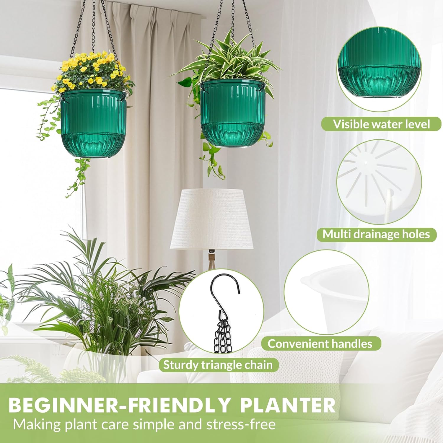 Hanging Planters for Indoor Plants, Small Self Watering Planters 3 Pack, 6.5 Inch Clear Plastic Flower Pot Outdoor, Metal Chain, Drainage Hole for Home Garden Porch Balcony Patio Window Decor