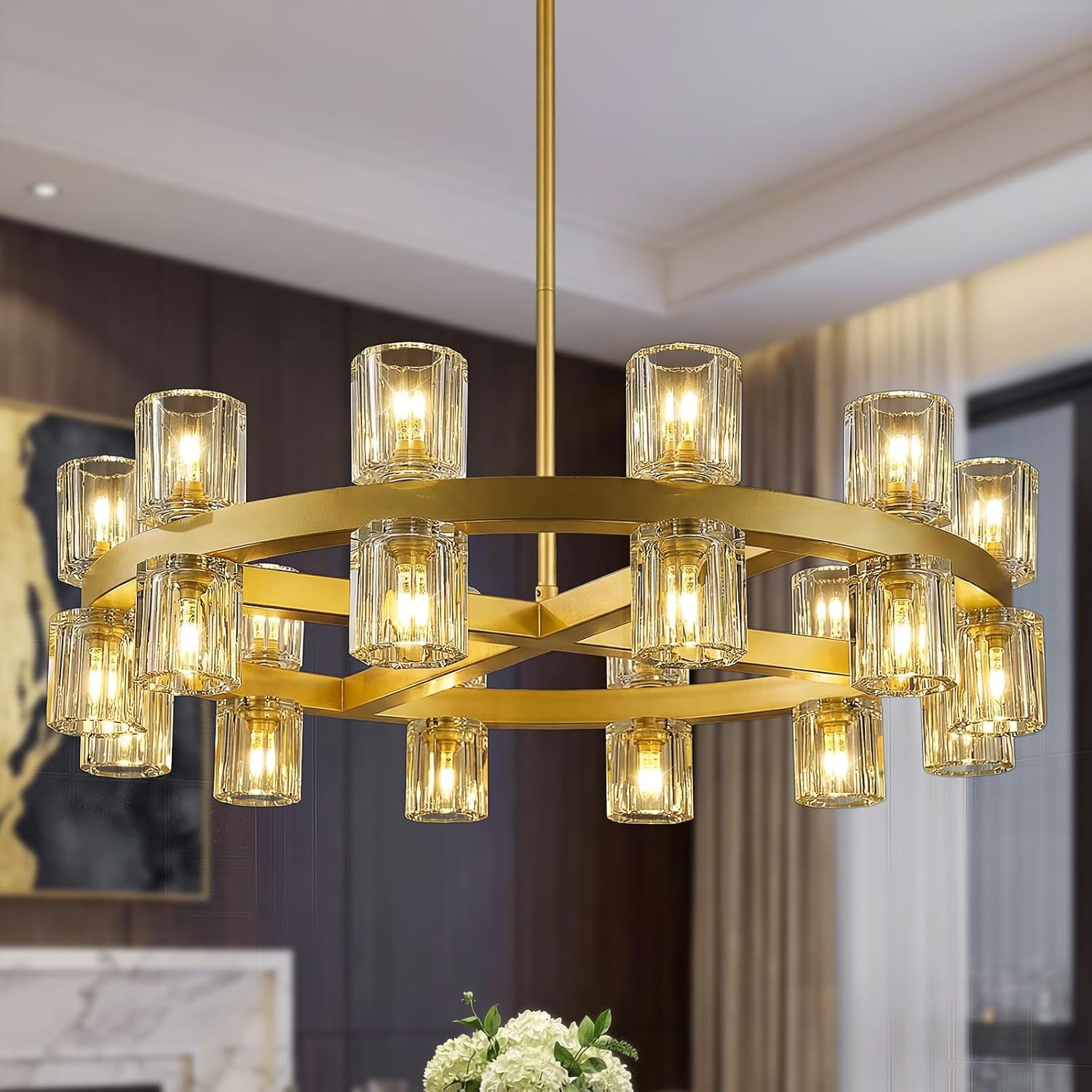 25 inch Gold Wagon Wheel Chandelier with K9 Crystal Shade 24 Lights Crystal Chandeliers for Dining Room Round Large Chandeliers for High Ceilings Living Room Foyer Entryway（Includes Bulbs）