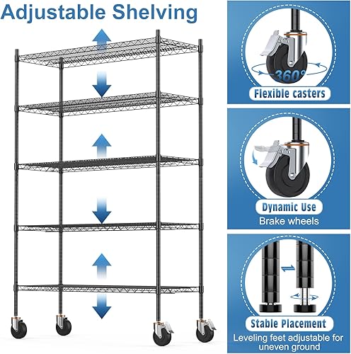 Miniatura 7 de Luxspire Estantería de alambre de 5 niveles con ruedas de 48 x 18 x 72 pulgadas estante de almacenamiento ajustable de grado comercial certificado