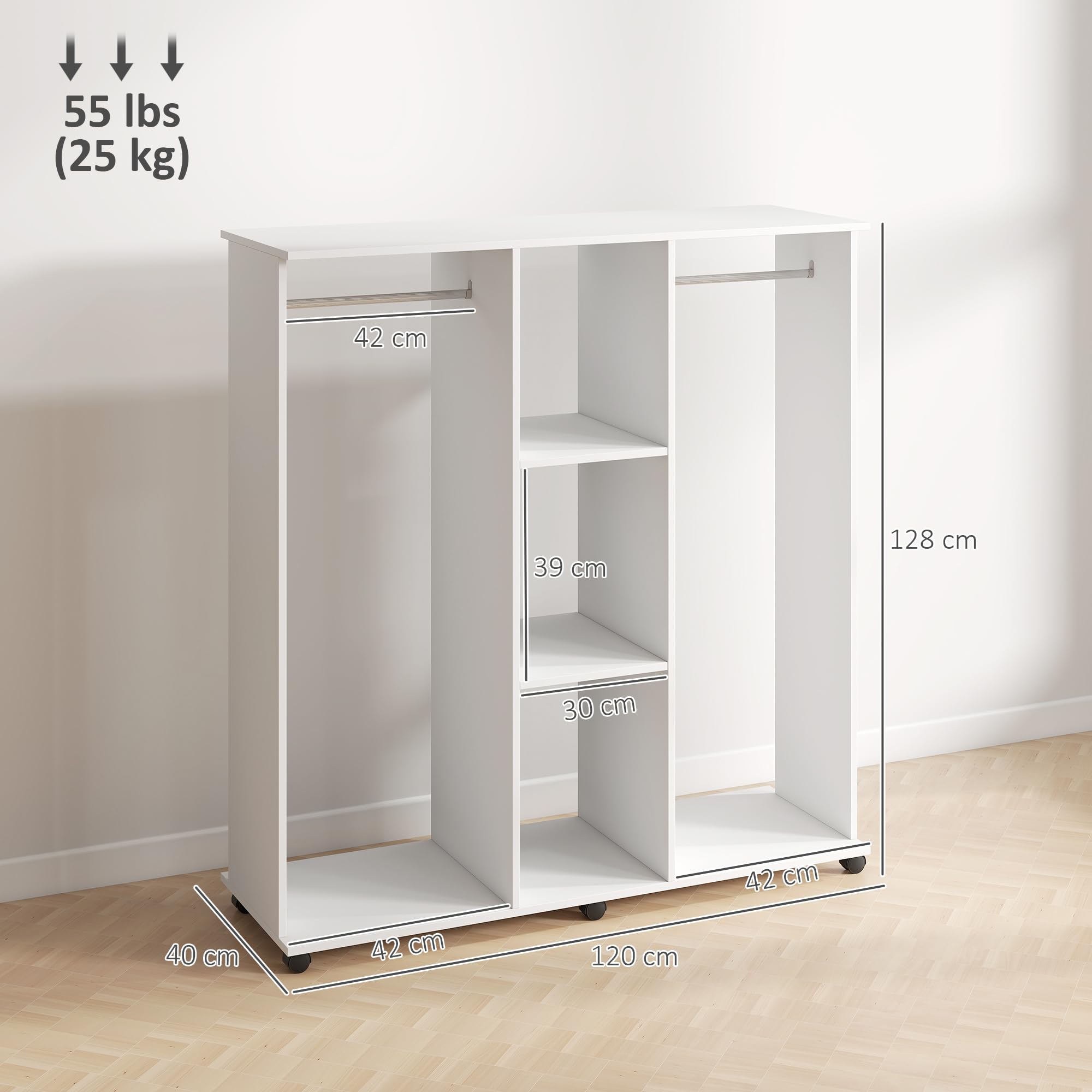 HOMCOM Armoire Penderie Mobile 128cm - 4 Roulettes, Avec Rideaux - Rangement Ouvert, Blanc, 80x40x128cm