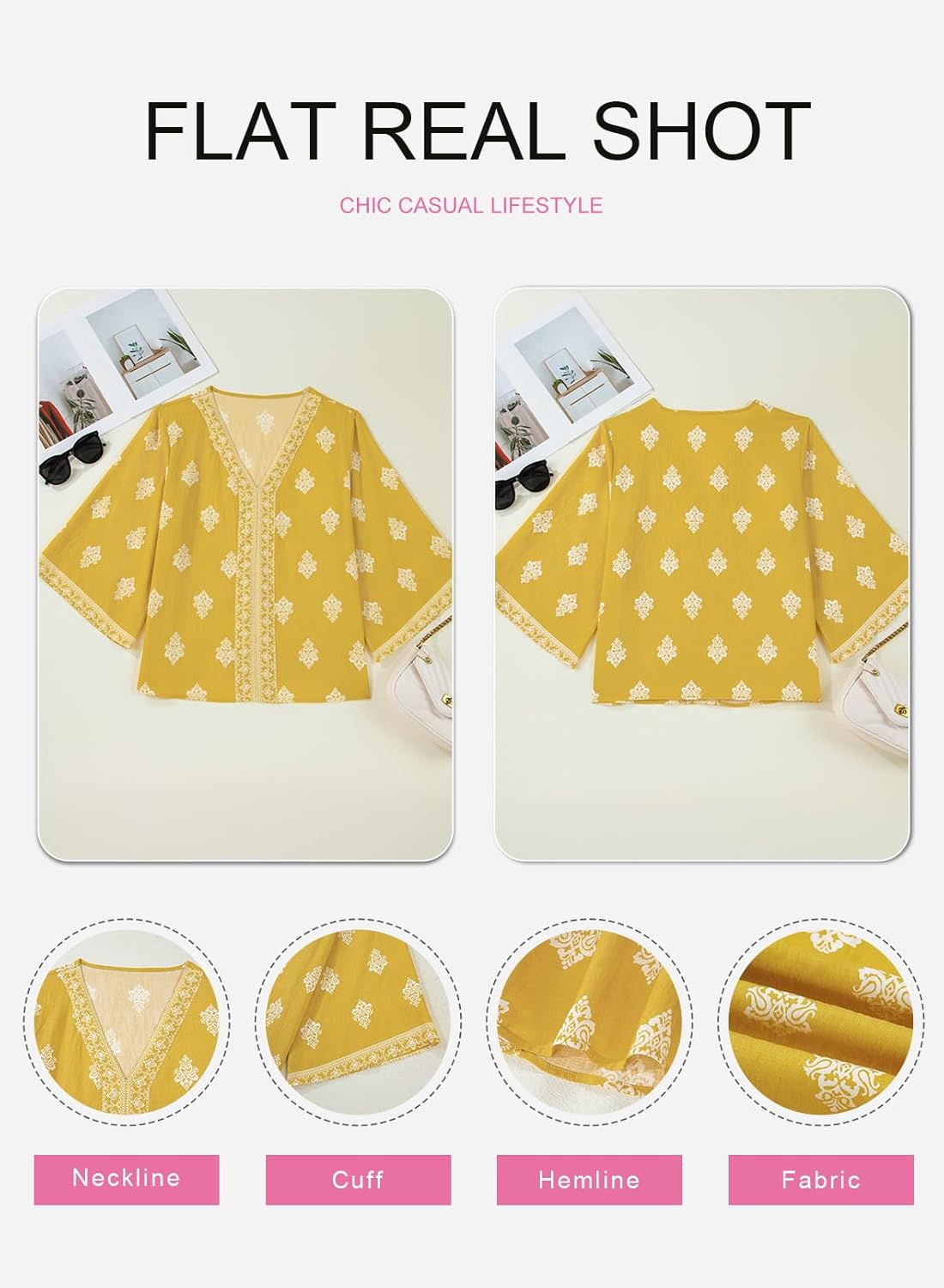 SHEWIN Womens Summer Tops Casual Floral Print Deep V Neck 3/4 Sleeve Blouses Dressy Boho Vacation Tunic Tops - Image 6