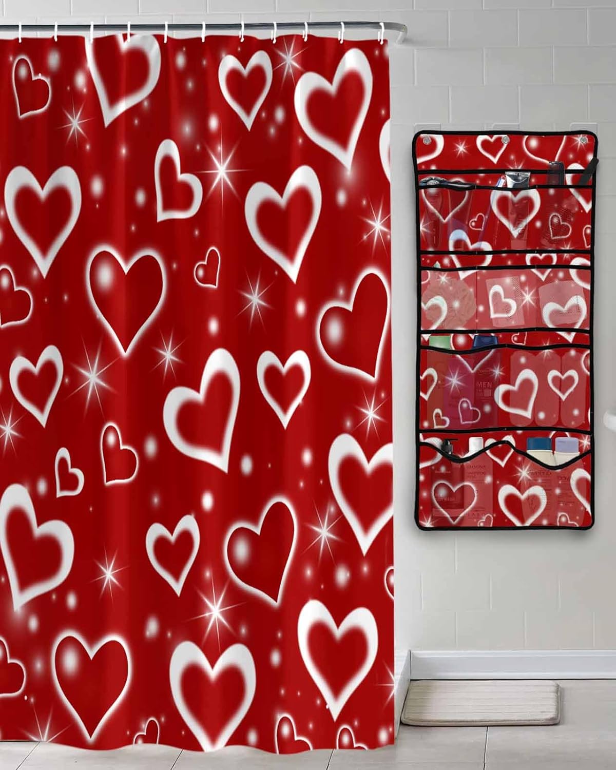 Shower Curtain Mesh Shower Organizer Hanging Set Valentines Day Red and White Shining Love Heart Waterproof Shower Curtains
