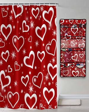 Shower Curtain Mesh Shower Organizer Hanging Set Valentines Day Red and White Shining Love Heart Waterproof Shower Curtains