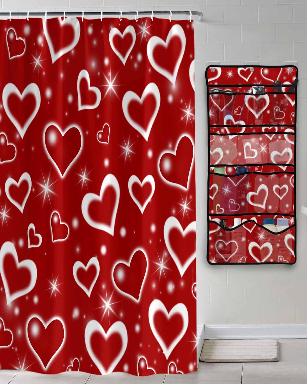 Shower Curtain Mesh Shower Organizer Hanging Set Valentines Day Red and White Shining Love Heart Waterproof Shower Curtains